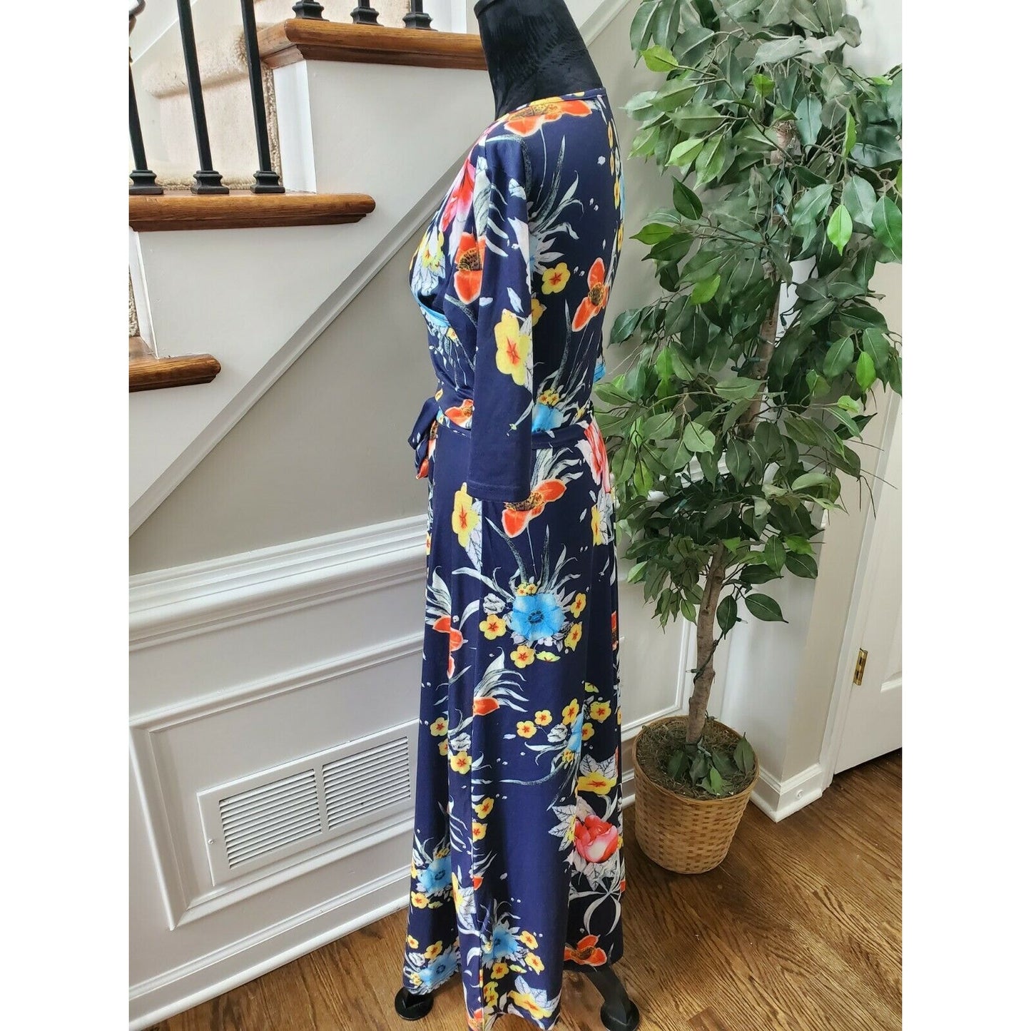 Kranda Women's Blue Floral Polyester V-Neck 3/4 Sleeve Long Maxi Dress Size S