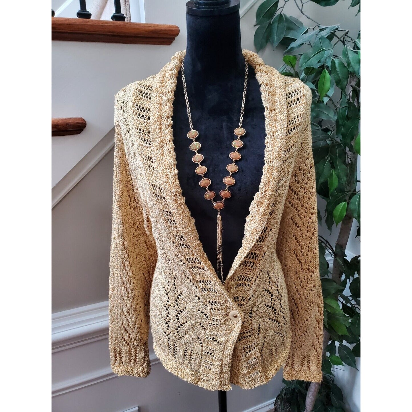 Coldwater Creek Women's Yellow Cotton Long Sleeve Cardigan Knit Sweater Size L