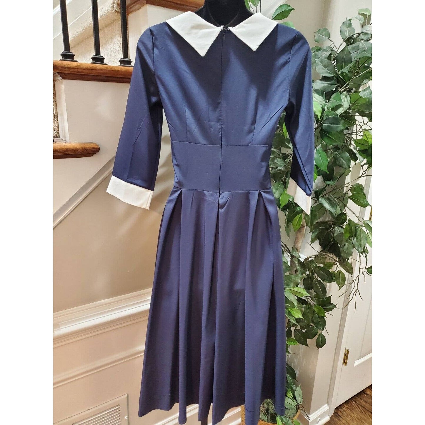 Women's Blue Solid Polyester Collared Long Sleeve Casual Knee Length Dress Small