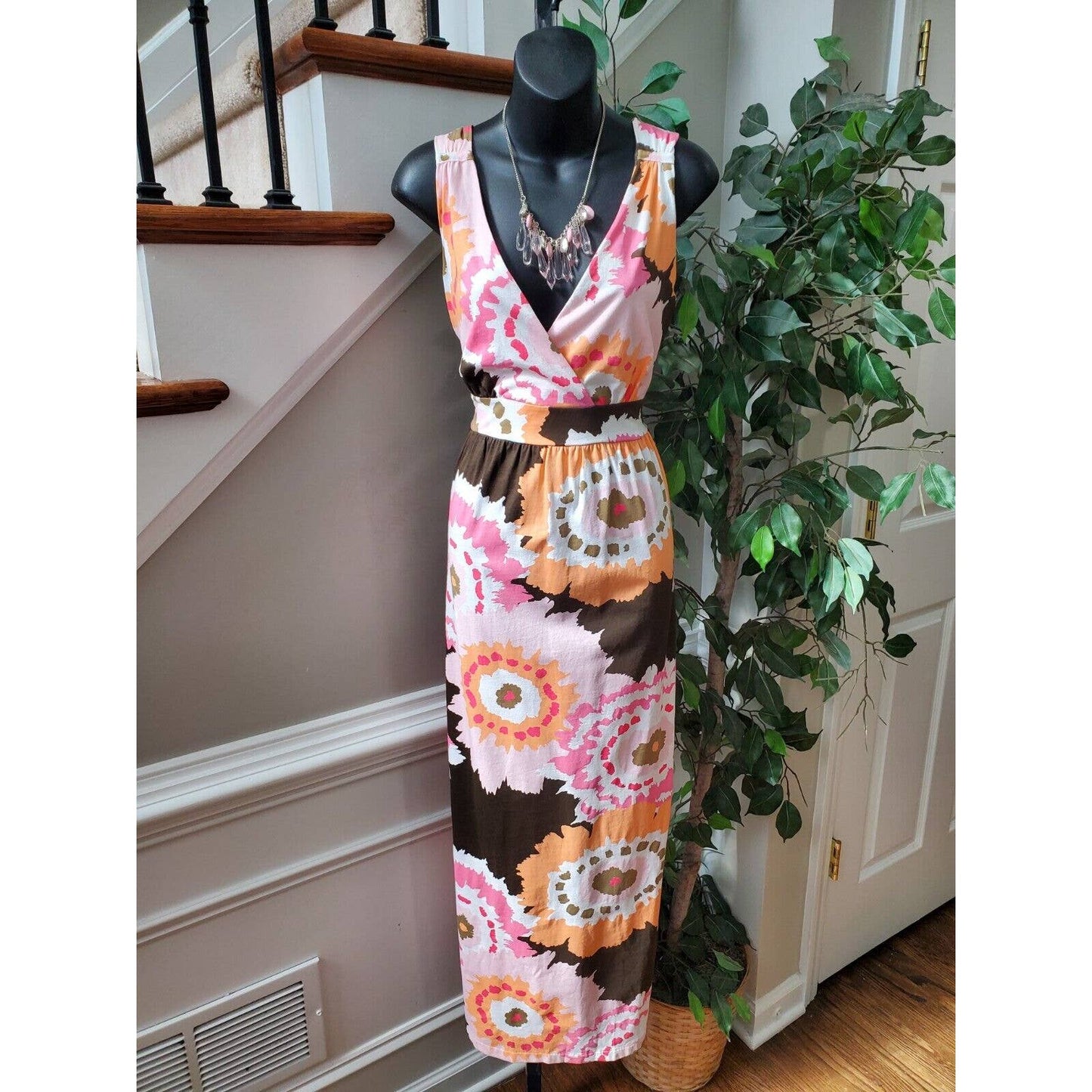 Madison Women Multicolor Cotton V-Neck Sleeveless Casual Long Maxi Dress Size M