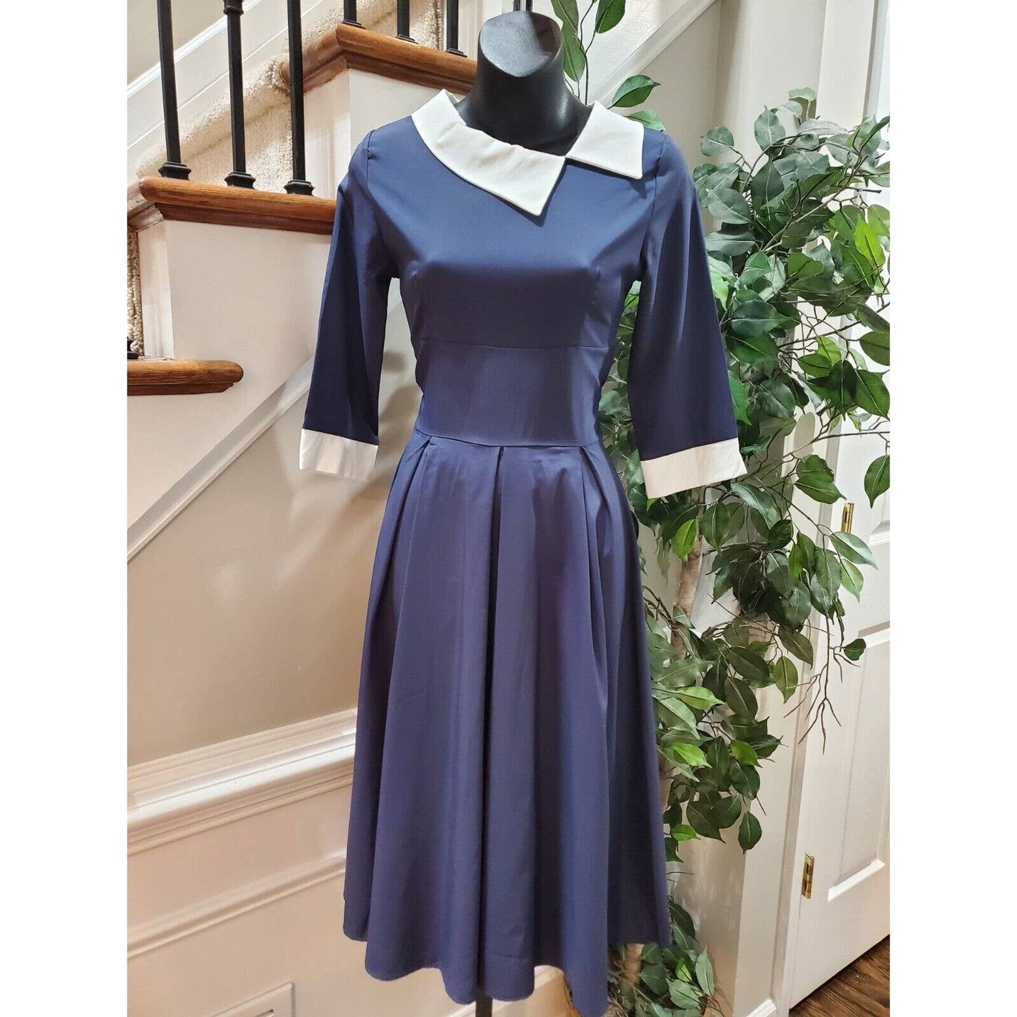 Women's Blue Solid Polyester Collared Long Sleeve Casual Knee Length Dress Small