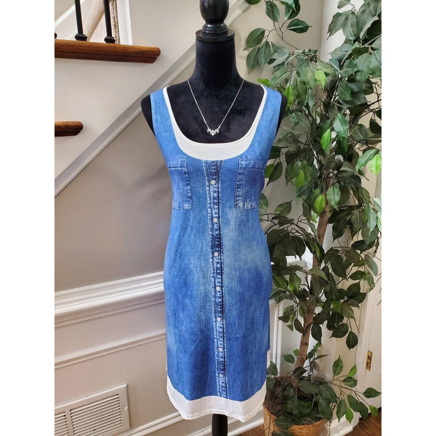 Women Blue Polyester Scoop Neck Sleeveless Casual Knee Length Dress Size Medium