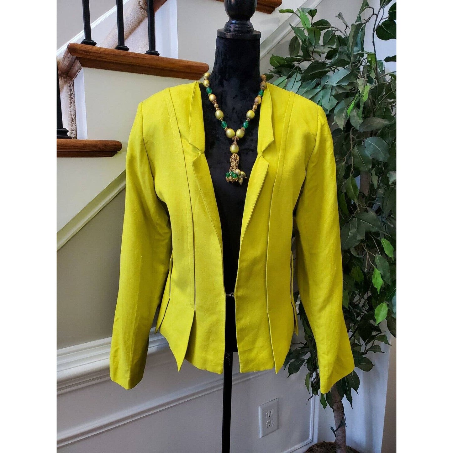 Ashley Stewart Women's Yellow Cotton & Linen Long Sleeve Open Front Blazer 14W