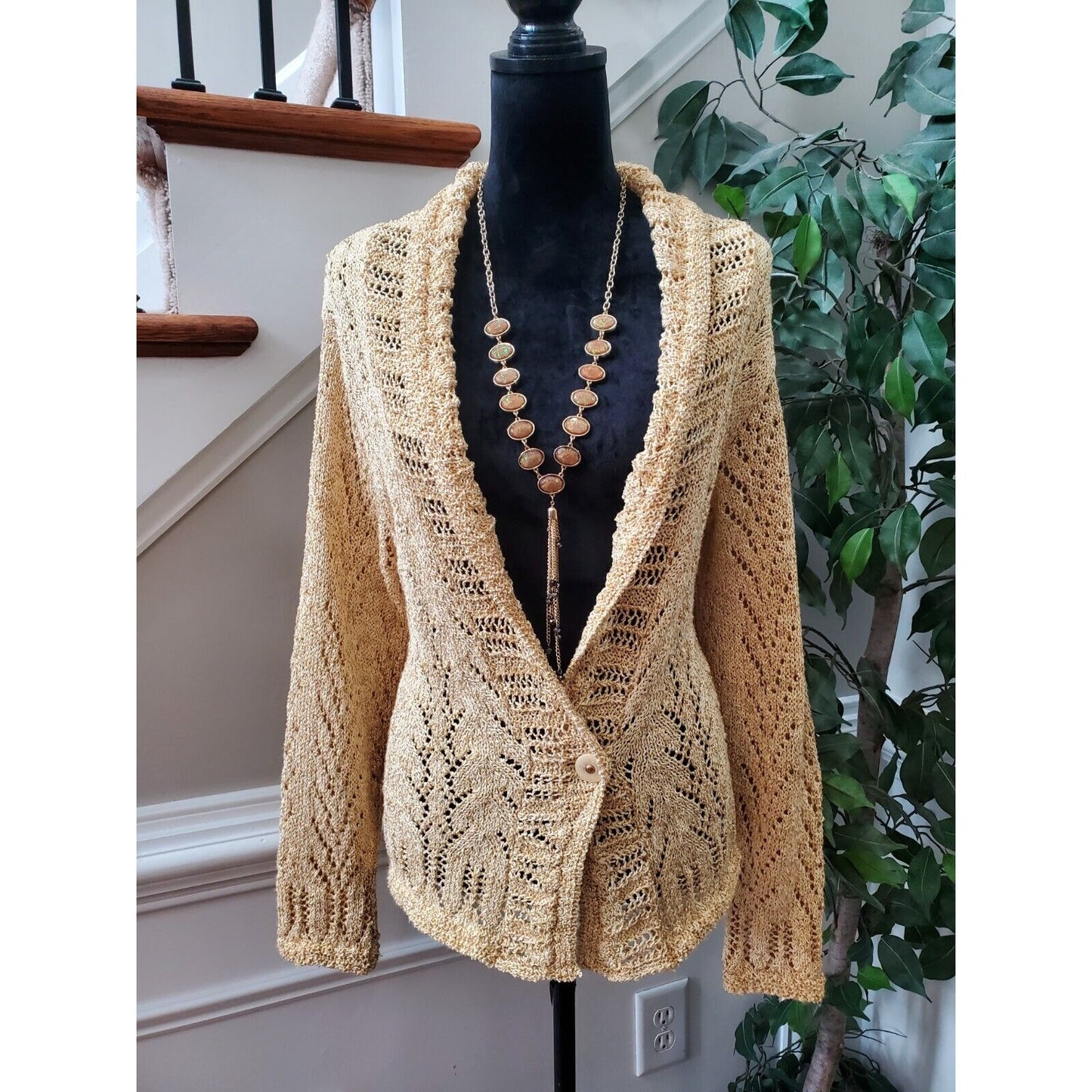 Coldwater Creek Women's Yellow Cotton Long Sleeve Cardigan Knit Sweater Size L