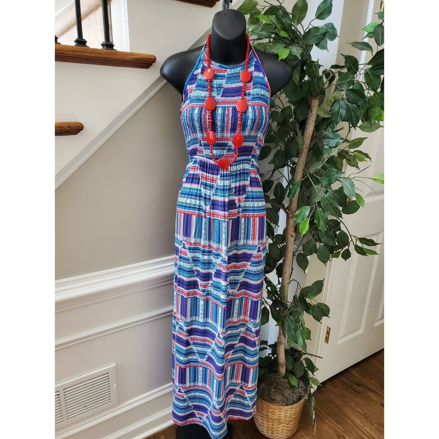 Derek Heart Women Blue 100% Rayon Halter Neck Sleeveless Long Maxi Dress Size L