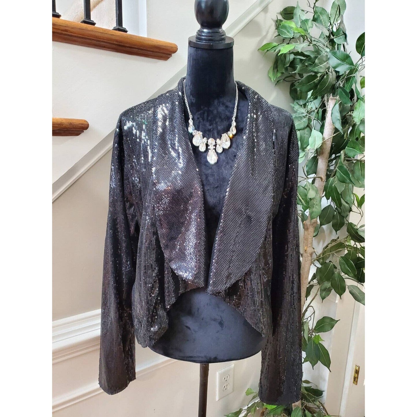 Ashley Stewart Women Black Polyester Long Sleeve Open Front Sequin Blazer 18/20