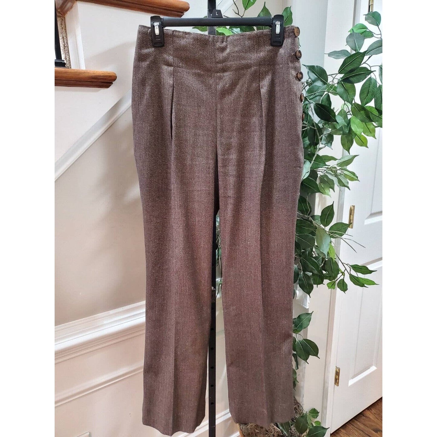 Nine West Women Brown Polyester High Rise Button Flat Front Dress Pant Size 8