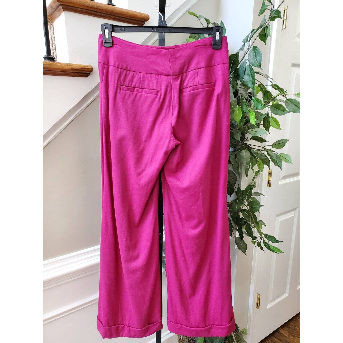 Women's Solid Pink Wool Blend Buttons Closure Wide Leg Cuffed Pants