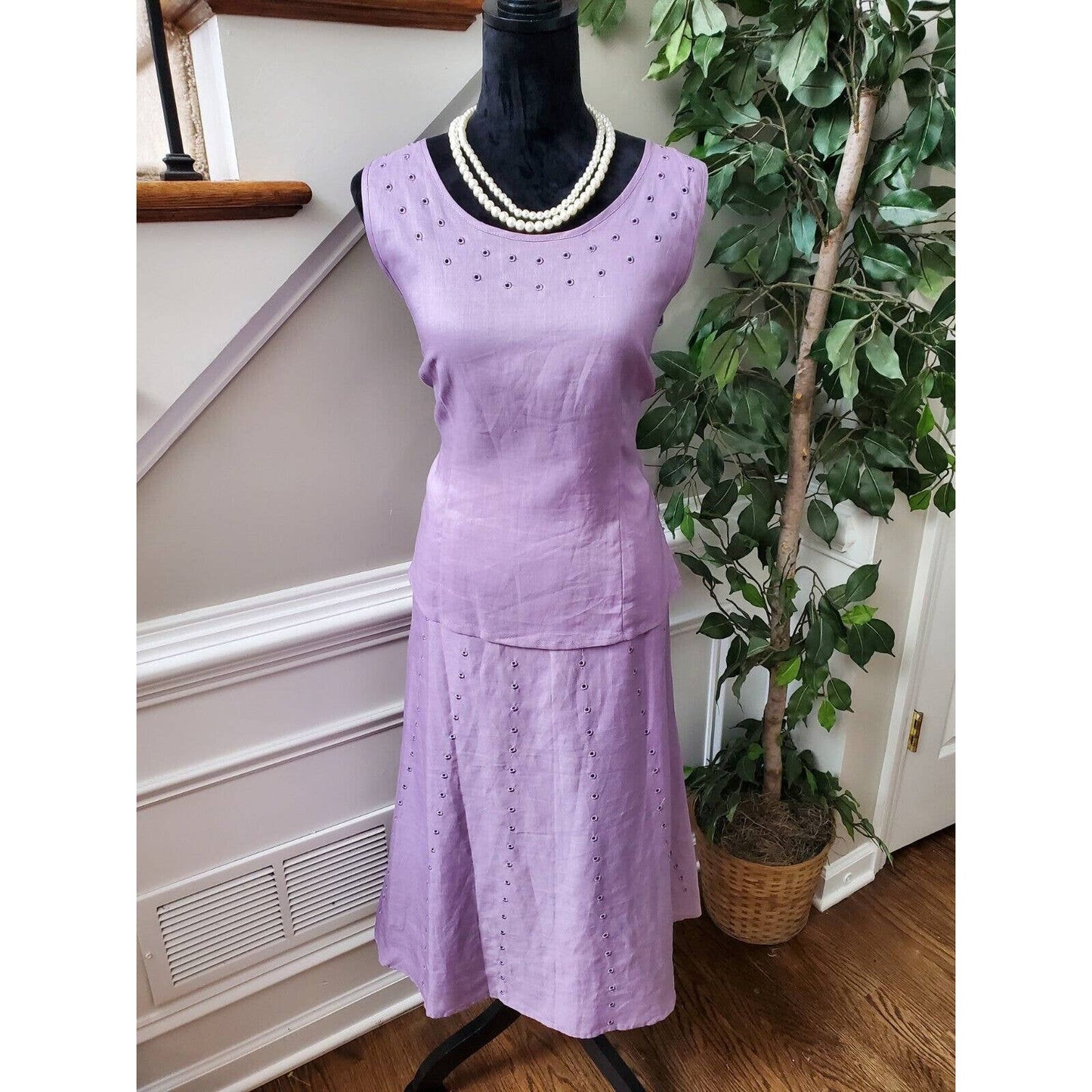 Night Studio Women's Purple Linen Round Neck Top & Long Skirt 2 Piece Suit 10