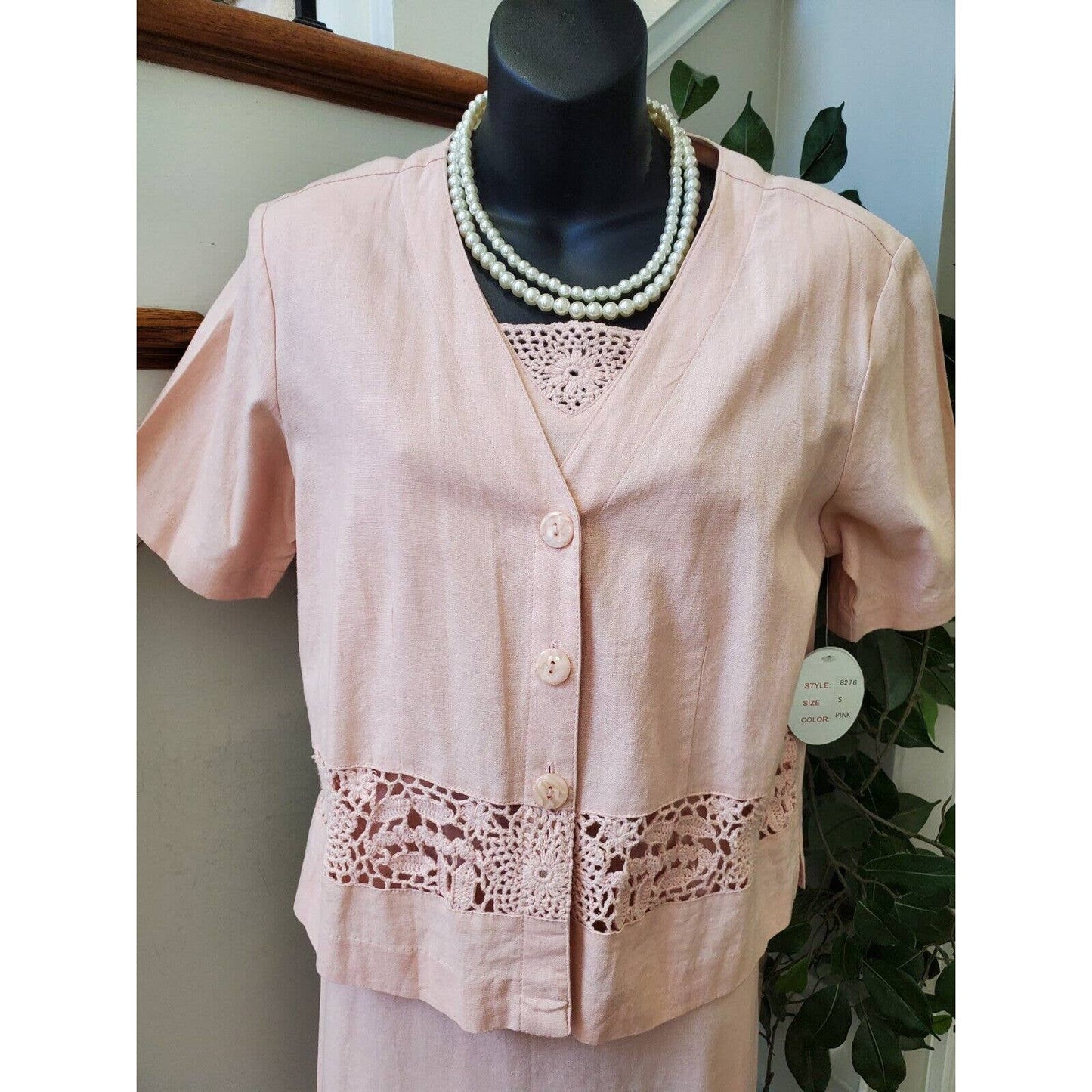 I.S.C Women's Pink Linen Short Sleeve Jacket & Knee Length Dress 2 Piece Suit 6