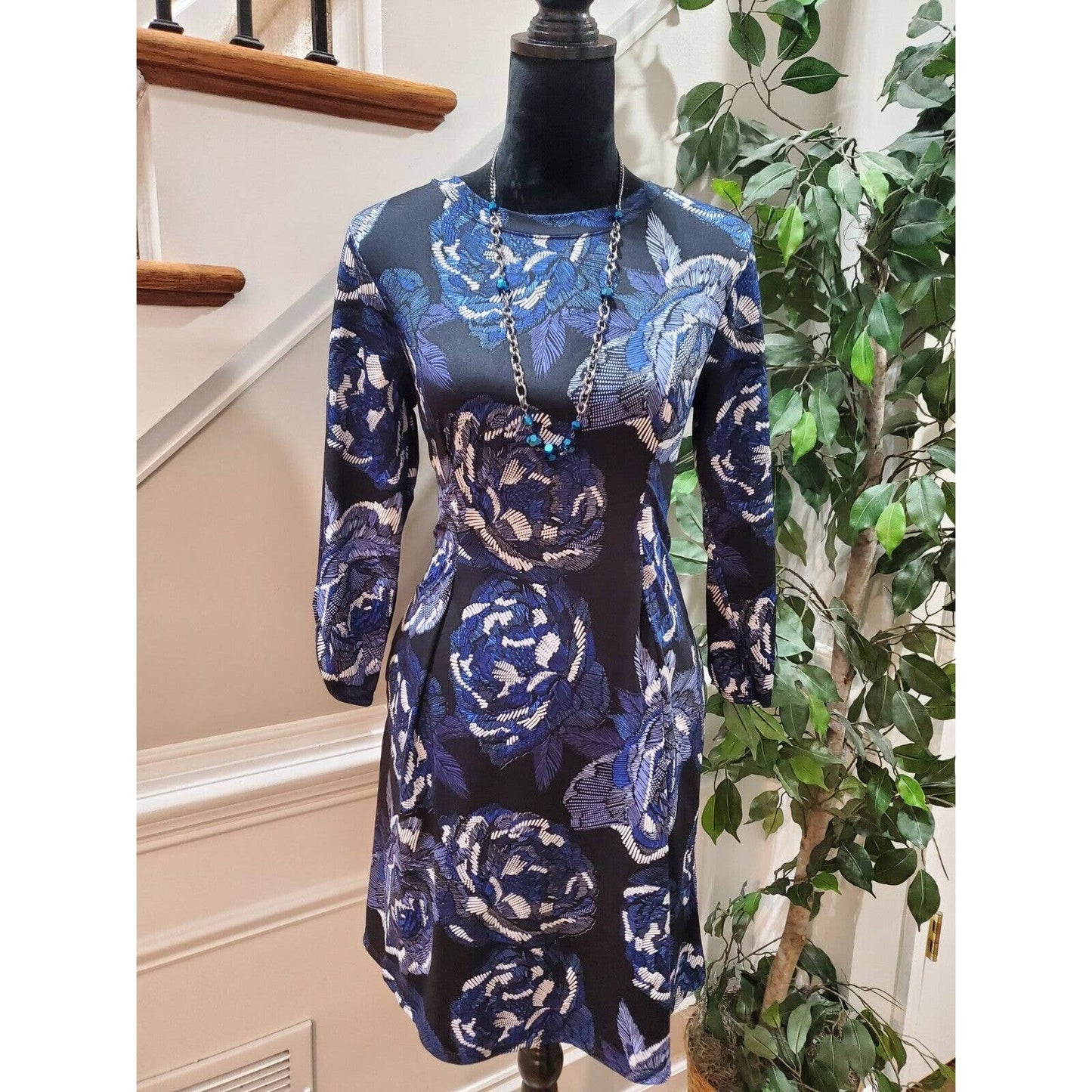 Apt.9 Women's Black Floral Polyester Round Neck Long Sleeve Knee Length Dress S