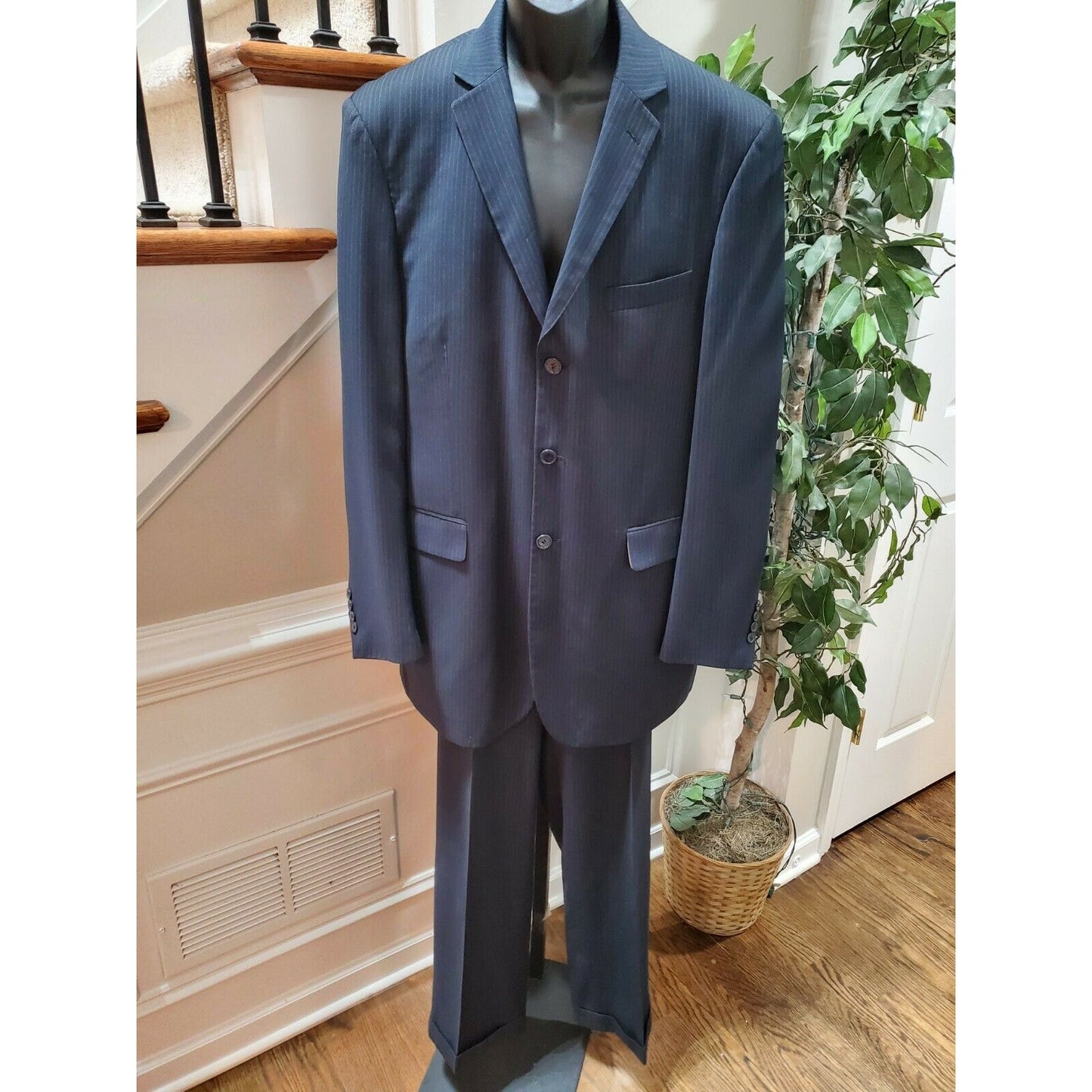 Stacy Adams Men's Blue Lined Polyester Single Breasted Two Piece Suits Size 45L