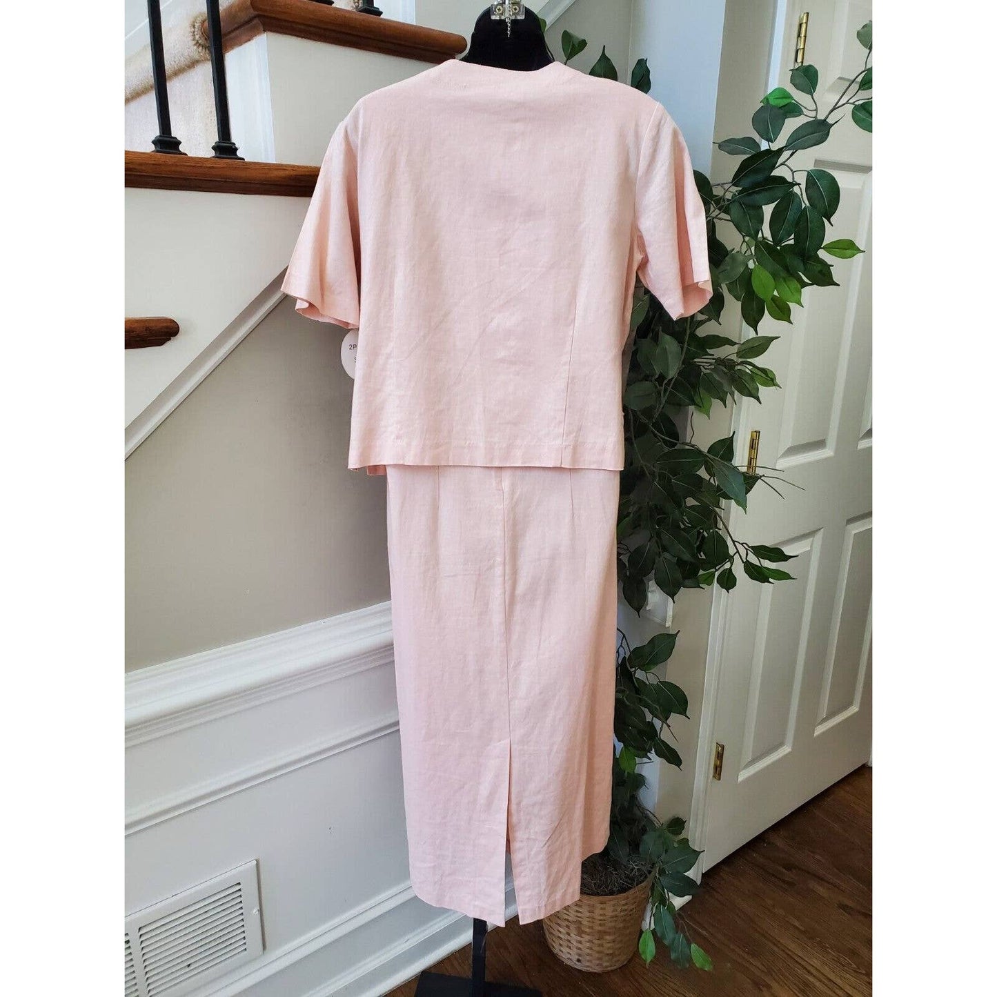 I.S.C Women's Pink Linen Short Sleeve Jacket & Knee Length Dress 2 Piece Suit 6