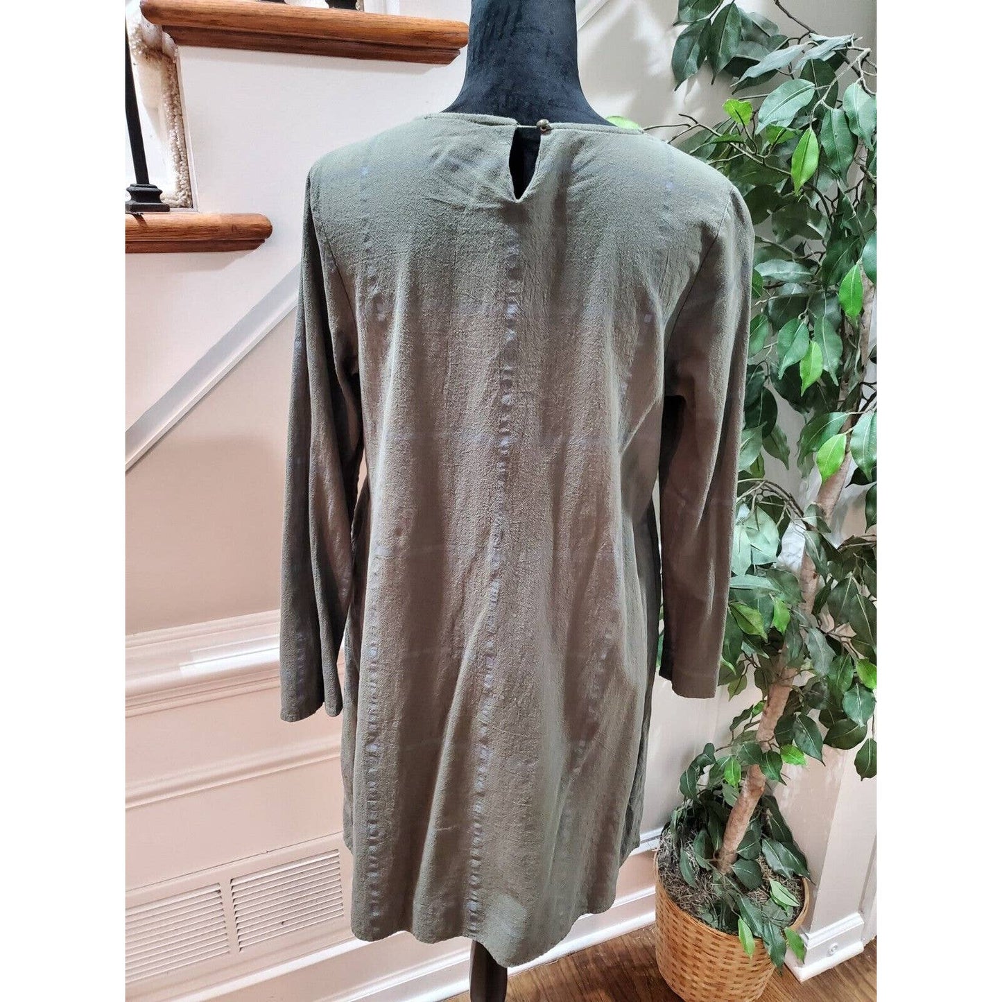 Zanzea Women's Green 100% Cotton Round Neck Long Sleeve Knee Length Dress Size M