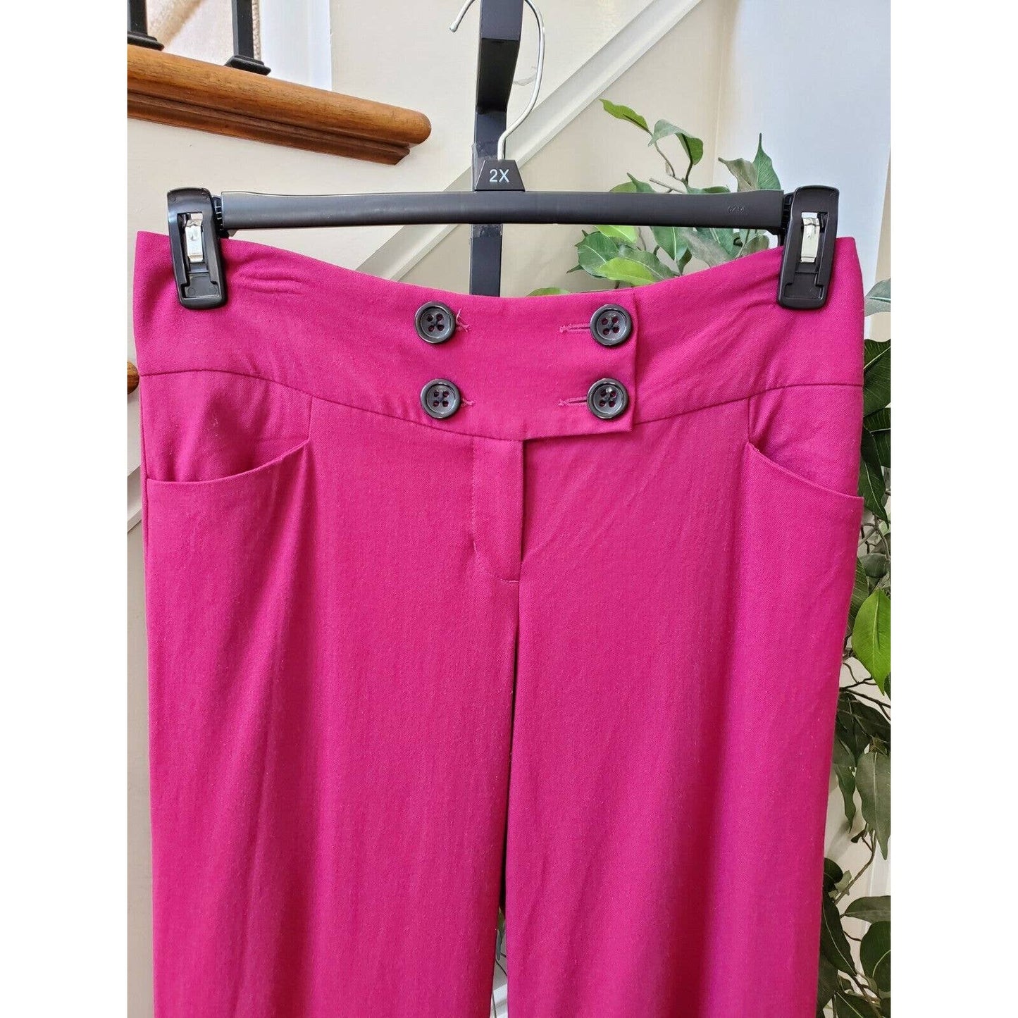 Women's Solid Pink Wool Blend Buttons Closure Wide Leg Cuffed Pants