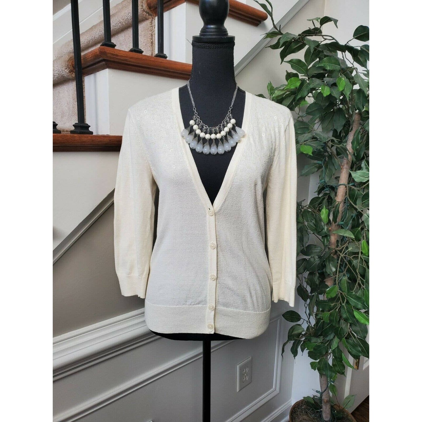 Loft Womens Ivory 100%Cotton V-Neck Button Long Sleeve Cardigans Sweaters