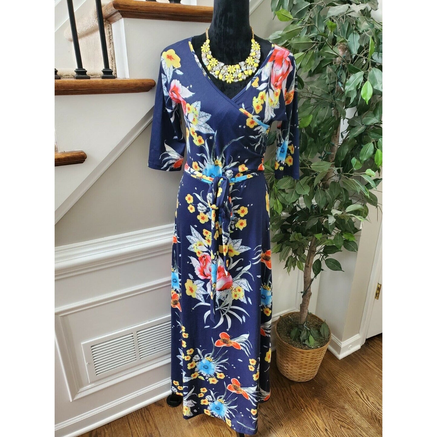 Kranda Women's Blue Floral Polyester V-Neck 3/4 Sleeve Long Maxi Dress Size S