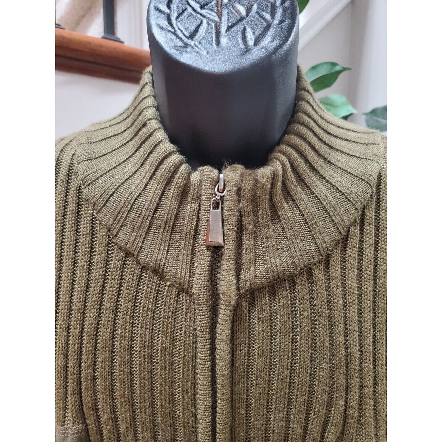 Men's Olive Green 100% Acrylic High Neck Long Sleeve Full Zip Knit Sweater