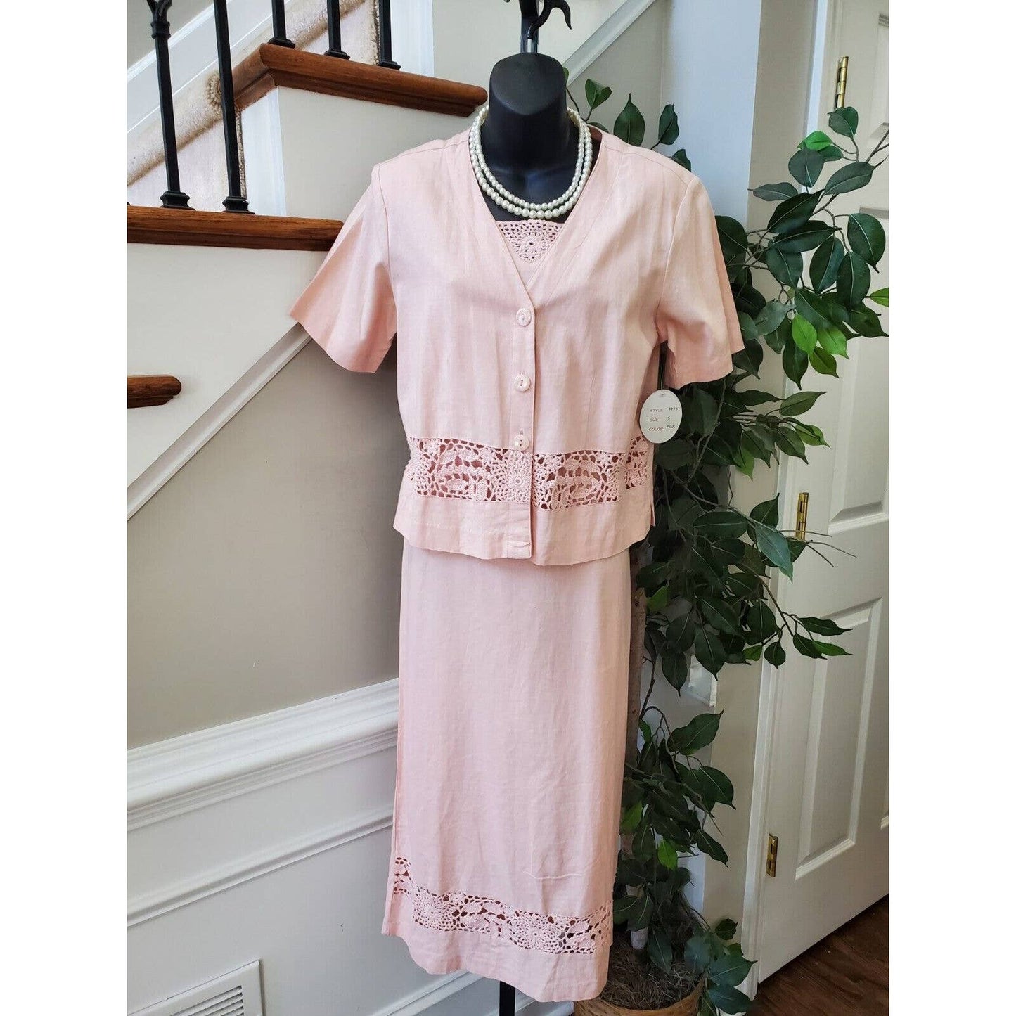 I.S.C Women's Pink Linen Short Sleeve Jacket & Knee Length Dress 2 Piece Suit 6