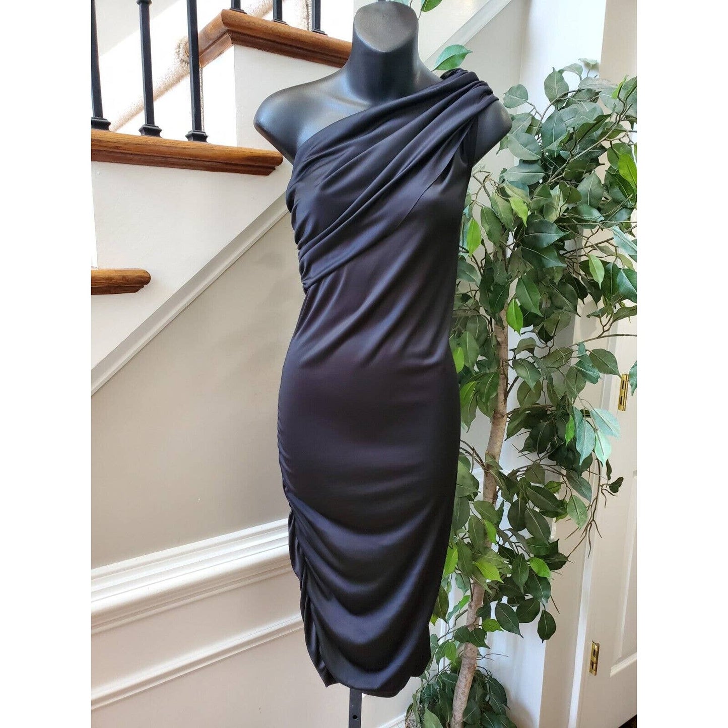 Rachel Roy Women's Black Polyester One Shoulder Off Casual Knee Length Dress M