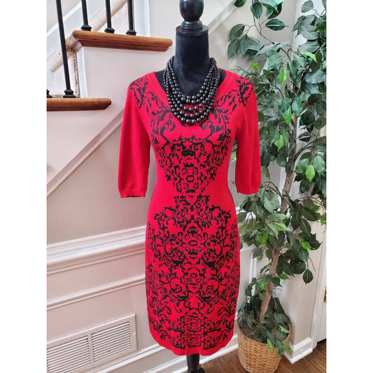 Allison Brittney Women's Red Rayon Round Neck 3/4 Sleeves Knee Length Dress M