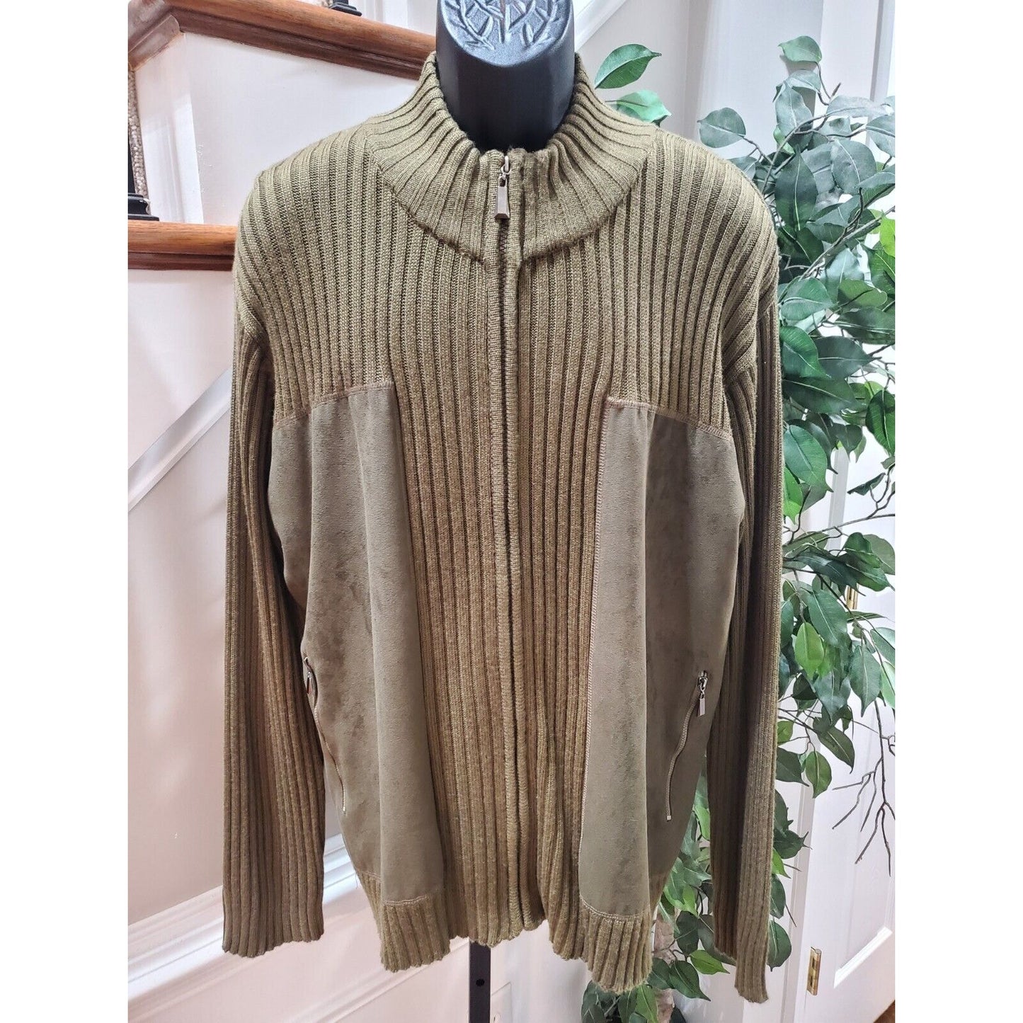 Men's Olive Green 100% Acrylic High Neck Long Sleeve Full Zip Knit Sweater