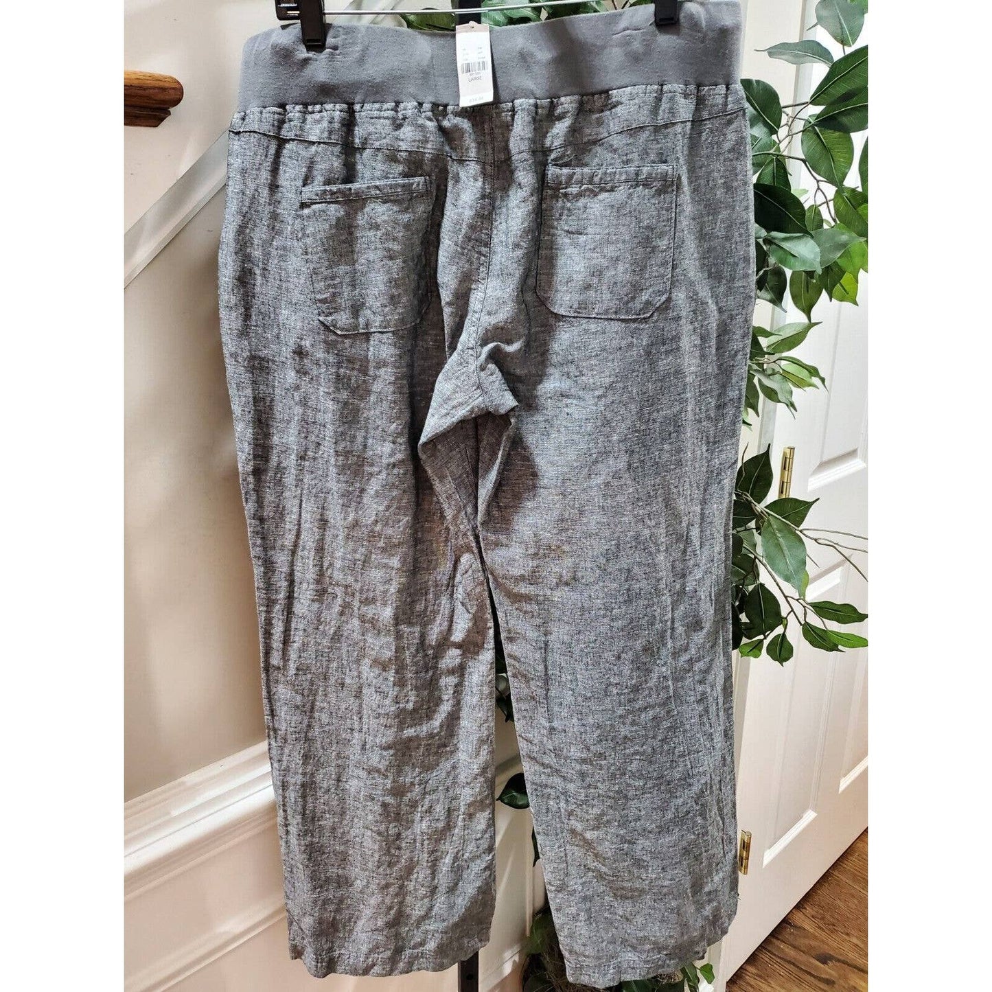 New York & Co. Women's Gray Linen Mid Rise Pull On Straight Legs Trouser Pant L