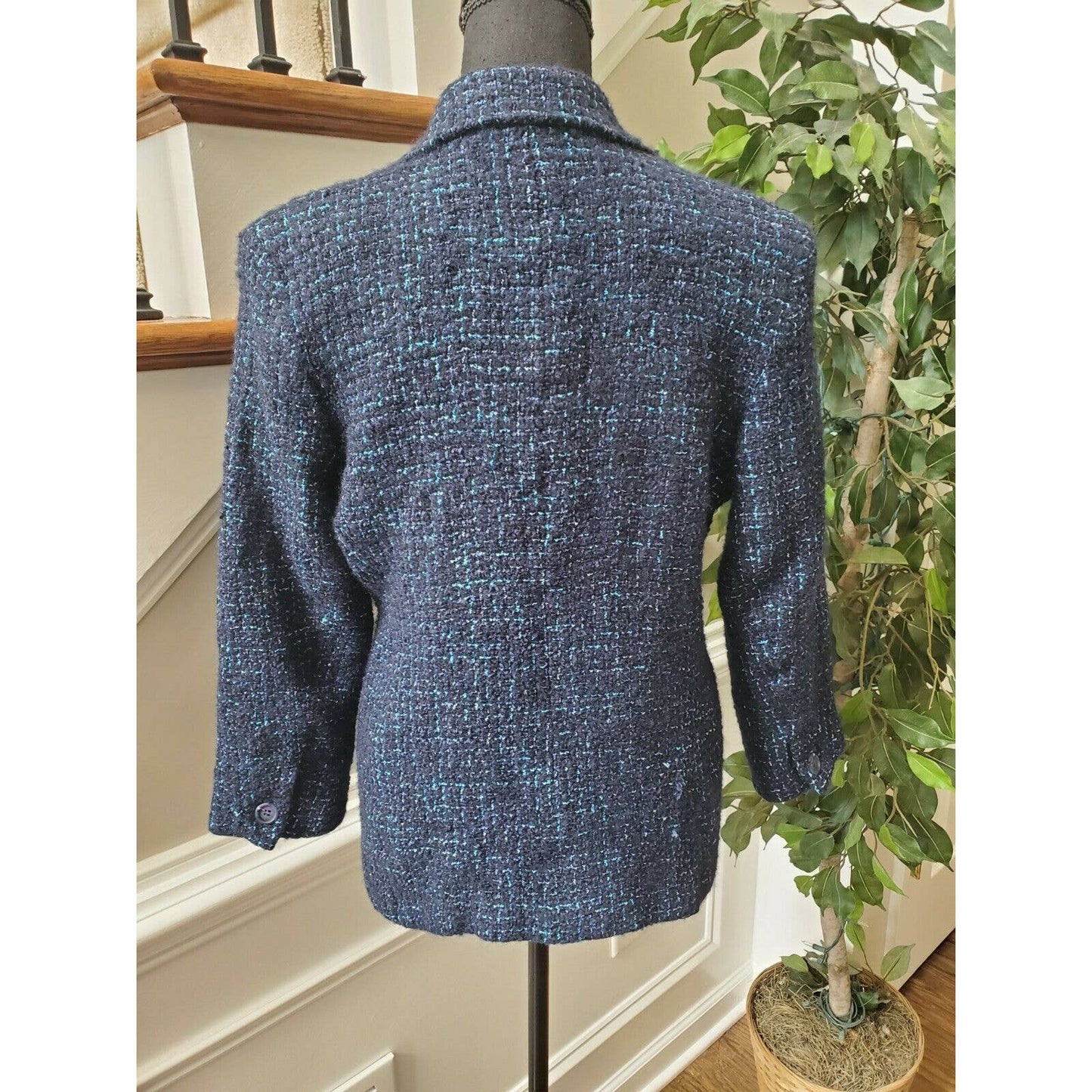 Vintage Austin Reed Women's Blue Cotton Collared Long Sleeve Blazer Coat