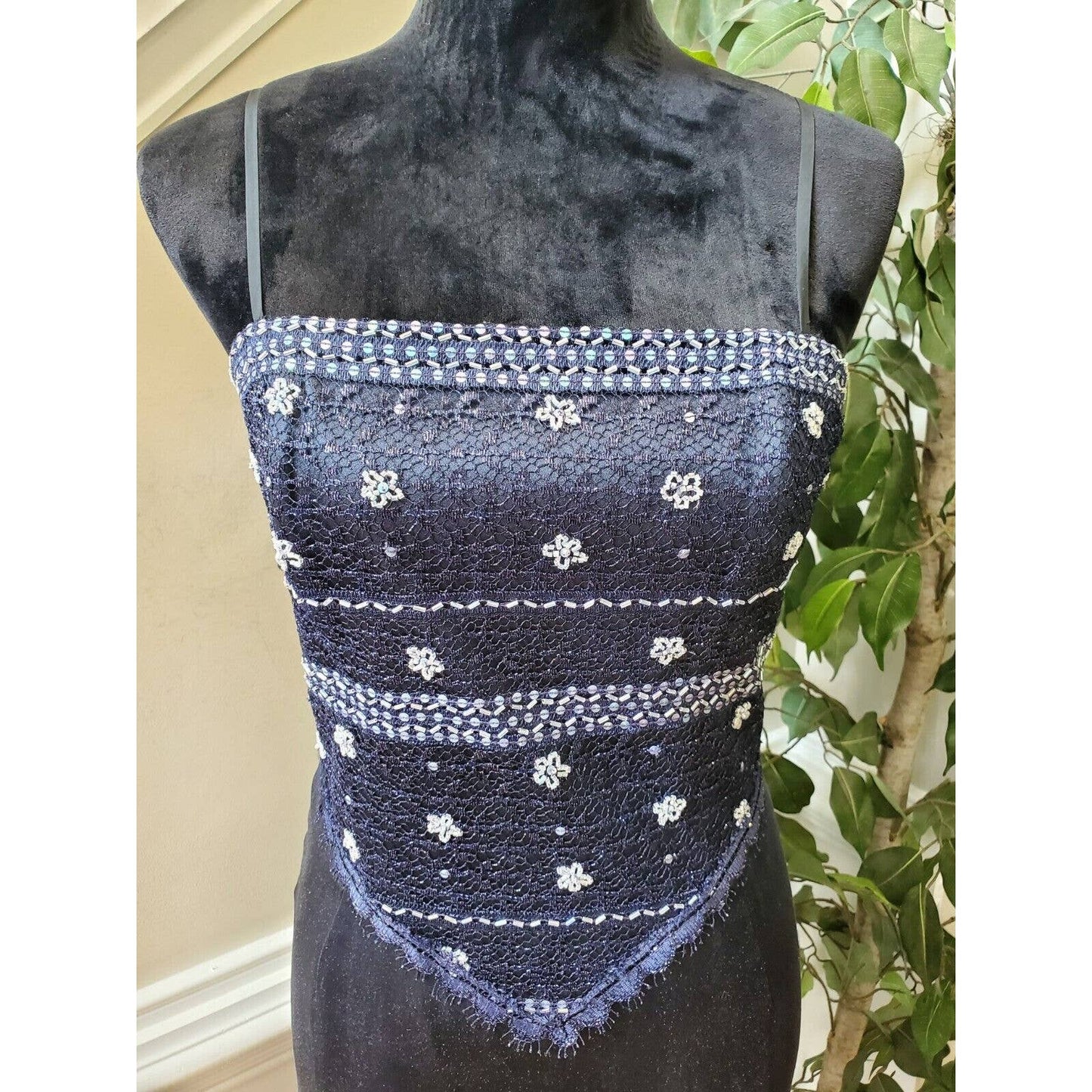 Vintage Women's Blue Polyester Sleeveless Dressy Strappy Knee Length Dress S