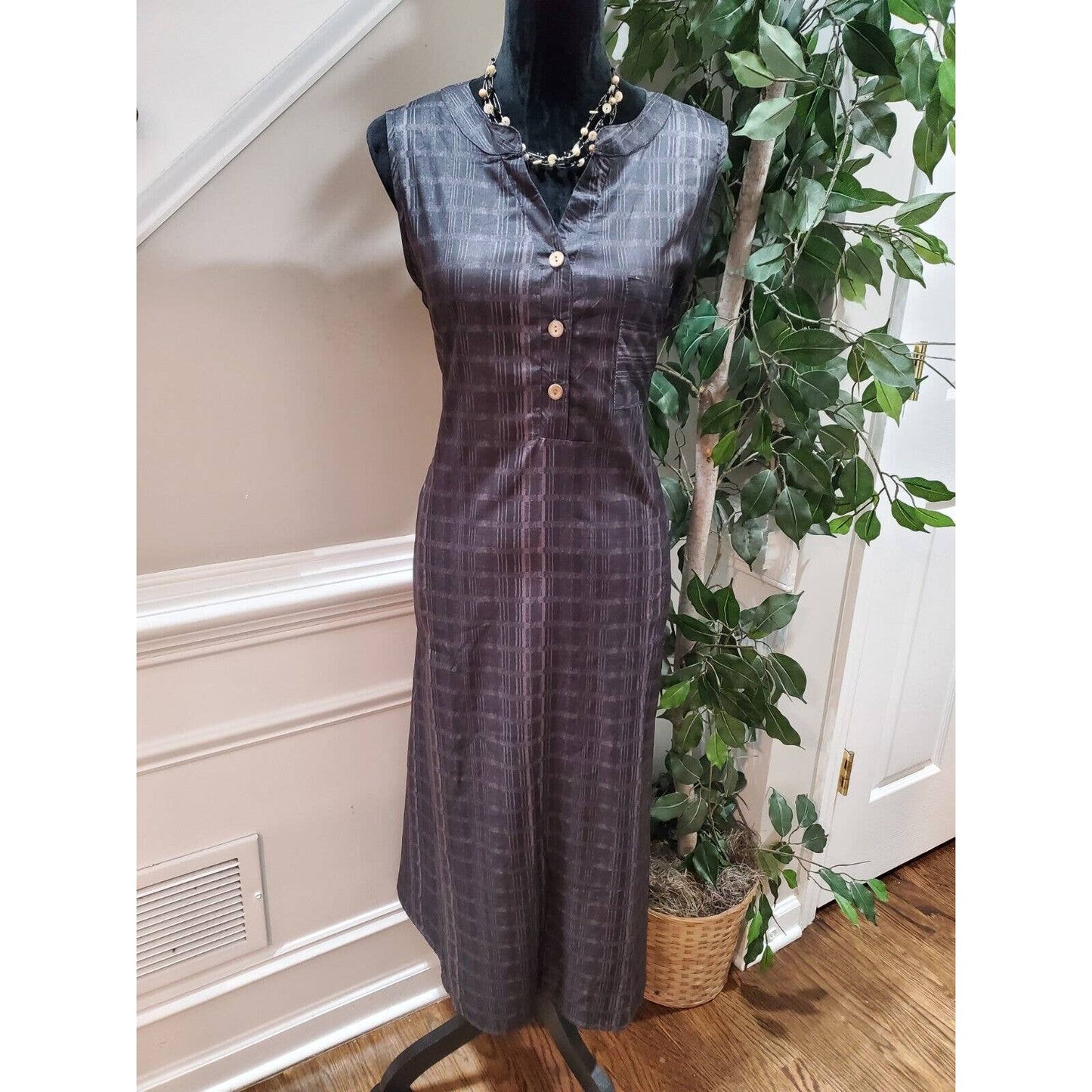 Gray Womens Plaid 100% Polyester V-Neck Sleeveless Long Maxi Dress Size X-Large