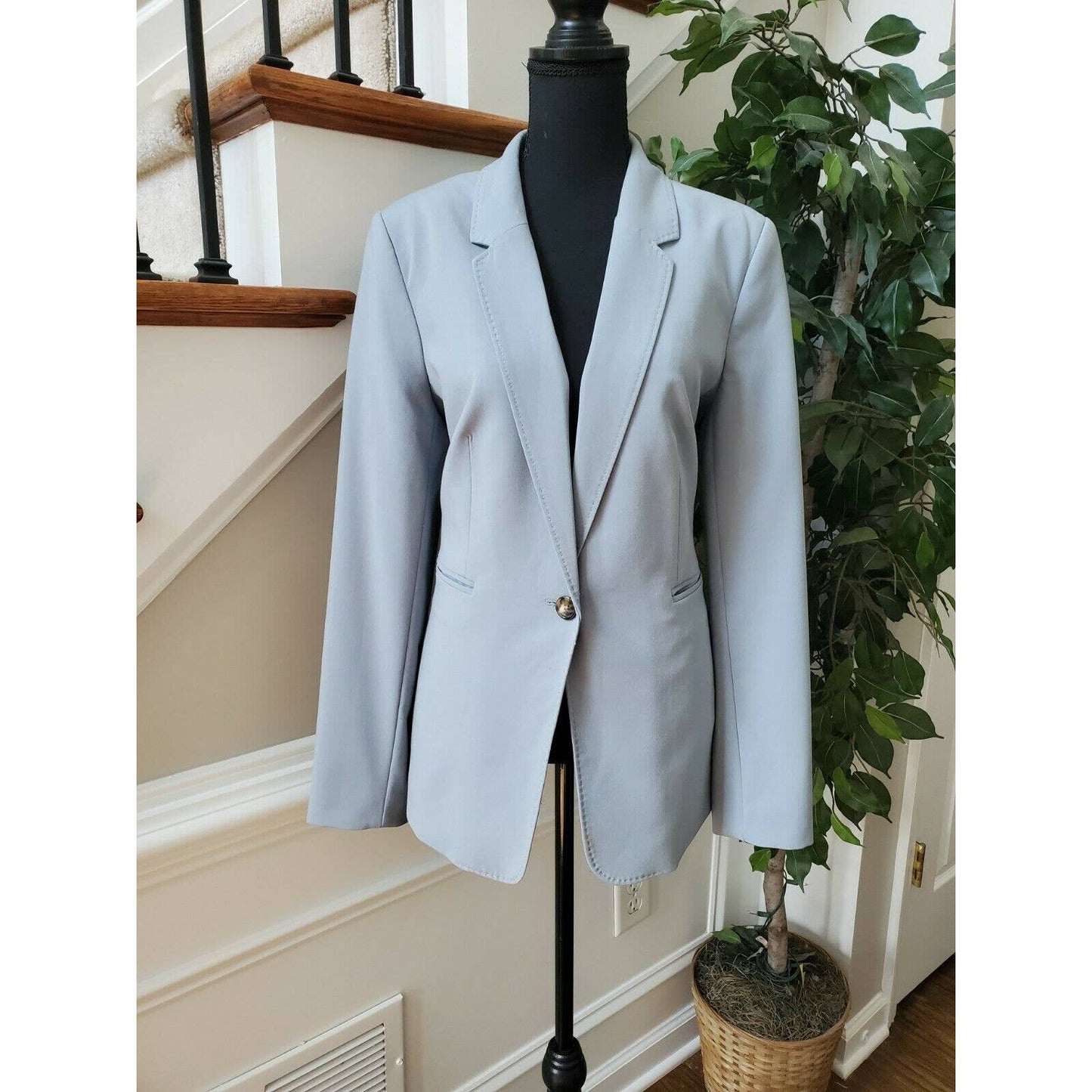 Dkny Women's Gray Polyester One Button Blazer Long Sleeve Coat Size 14