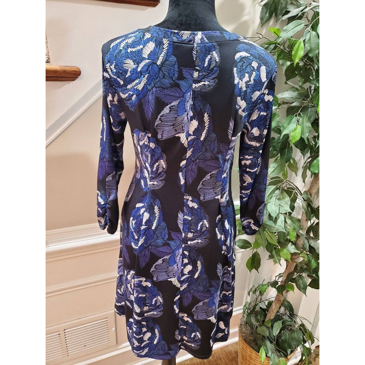 Apt.9 Women's Black Floral Polyester Round Neck Long Sleeve Knee Length Dress S