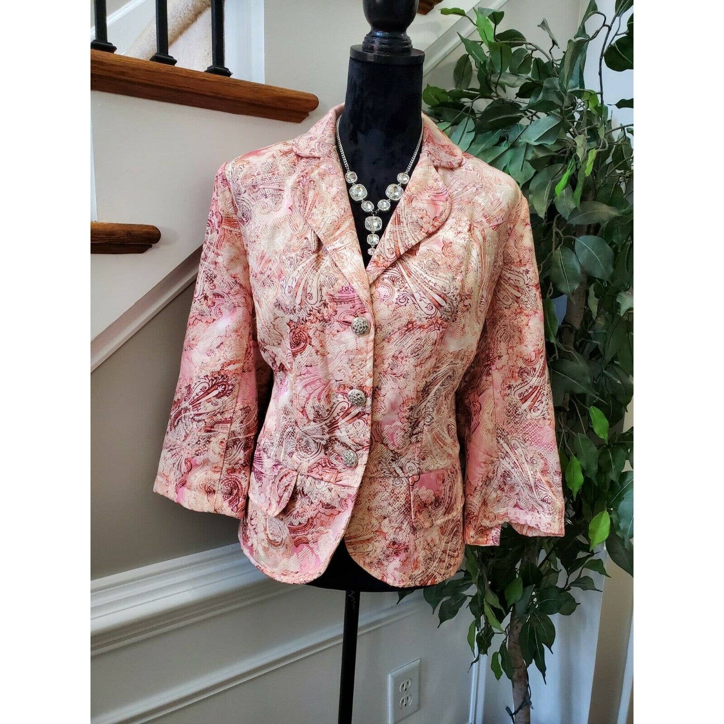 Lane Bryant Women Orang Floral Cotton Long Sleeve Single Breasted Blazer Size 14