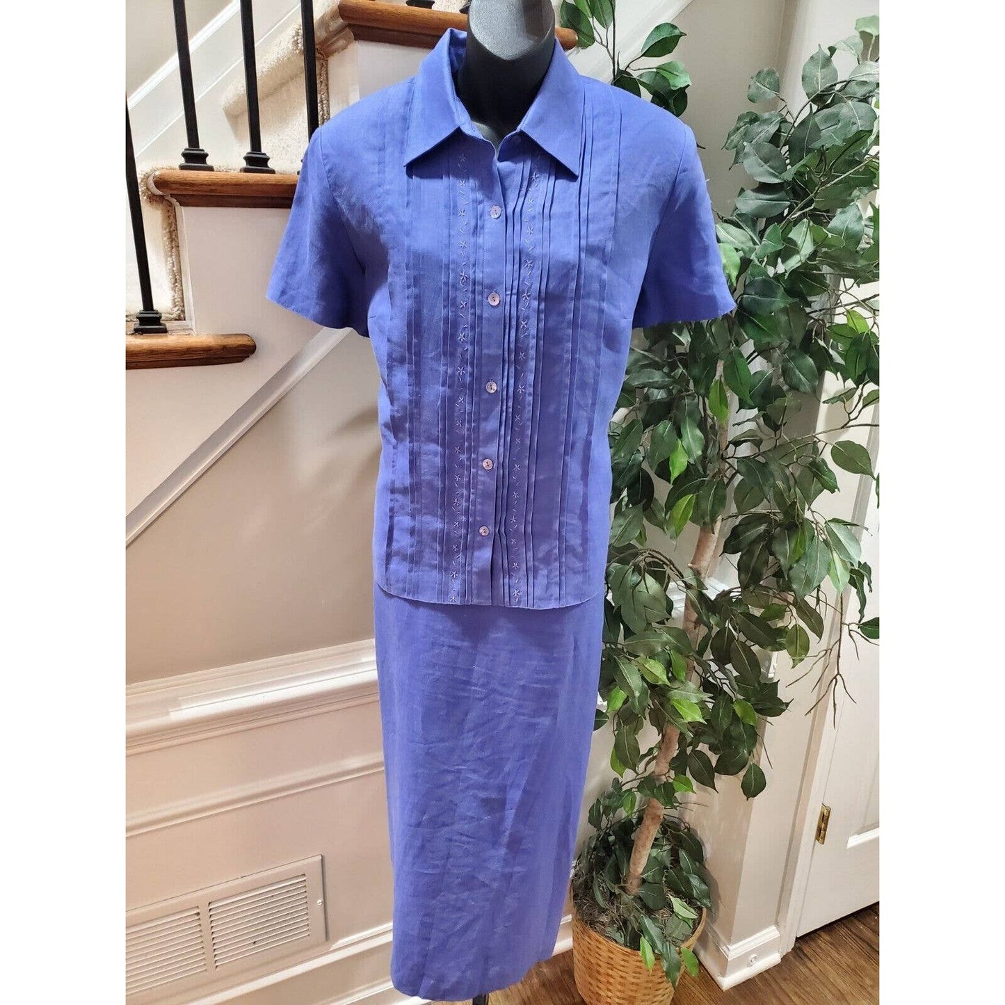 Due Per Due Women's Blue Linen Short Sleeve Shirt & Maxi Dress 2 Pc's Suit 14