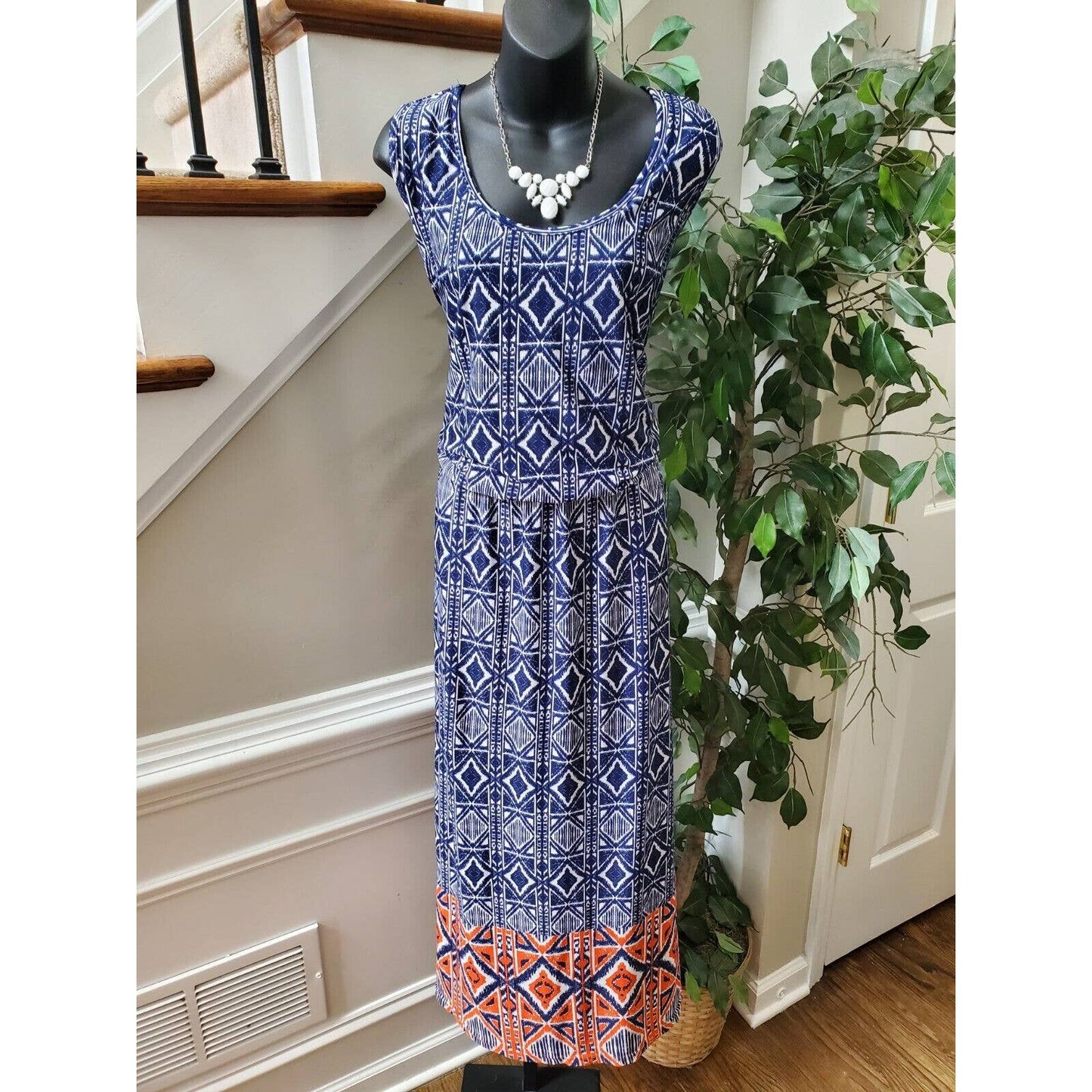 Magic Women Blue Polyester Round Neck Sleeveless Casual Long Maxi Dress Size XL