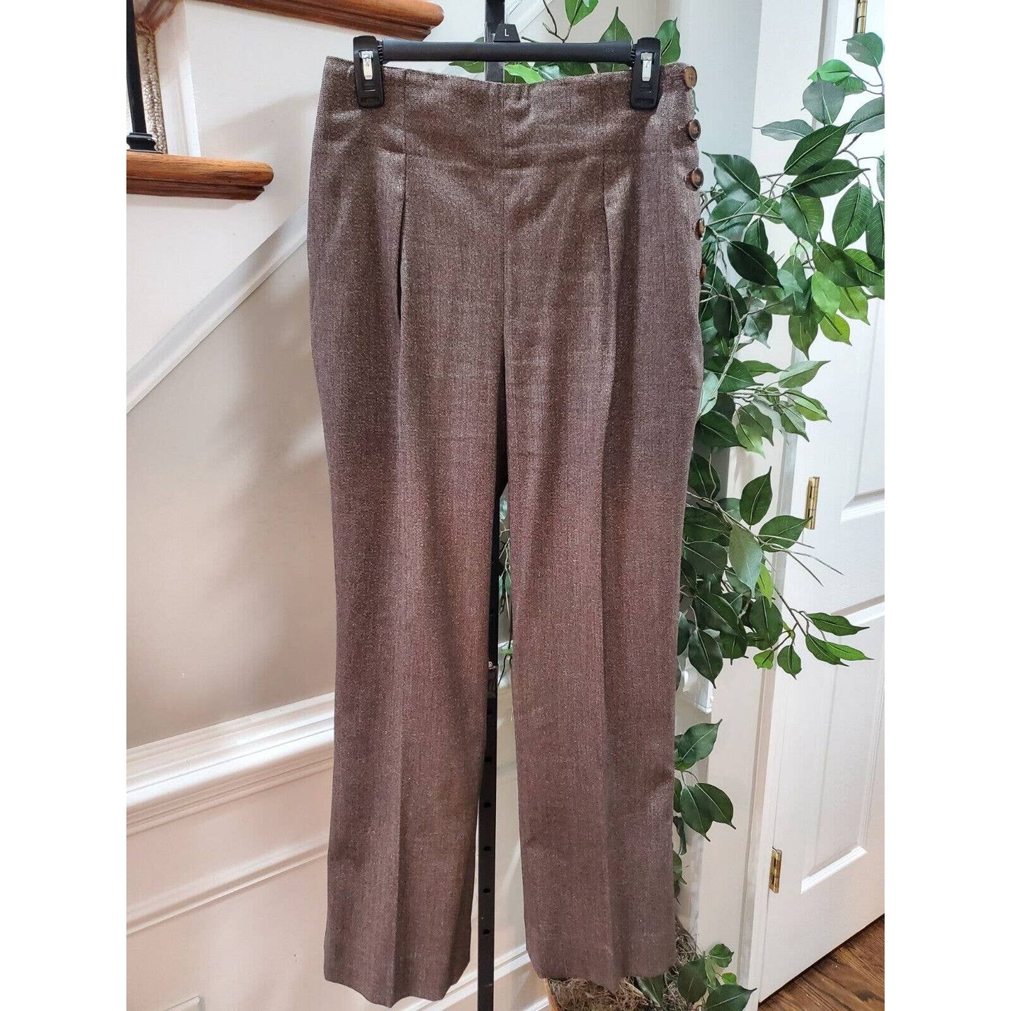 Nine West Women Brown Polyester High Rise Button Flat Front Dress Pant Size 8