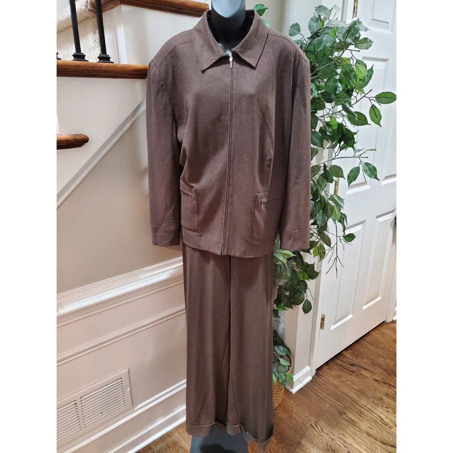 Norton McNaughton Women Brown Polyester Full Zip Jacket (20W) & Pant (22W) Suit