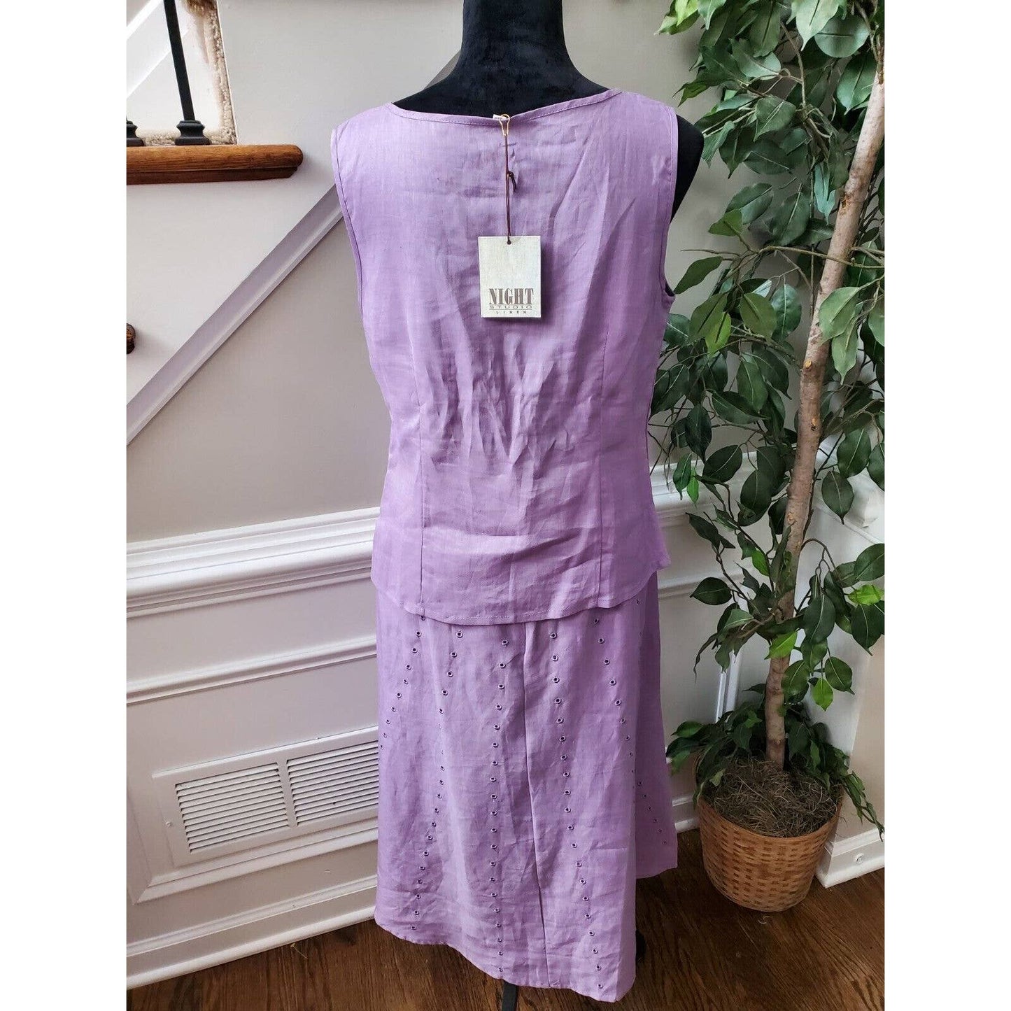 Night Studio Women's Purple Linen Round Neck Top & Long Skirt 2 Piece Suit 10