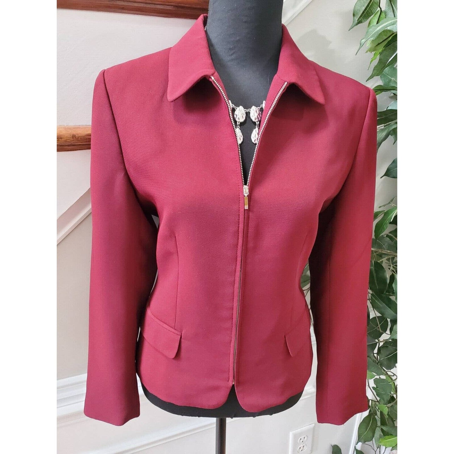 Style& Co. Women's Maroon Polyester Long Sleeve Full Zip Jacket Blazer Size 10P
