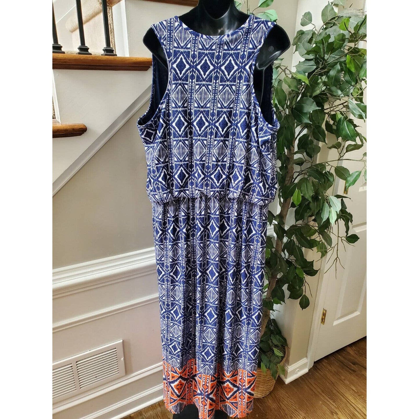 Magic Women Blue Polyester Round Neck Sleeveless Casual Long Maxi Dress Size XL