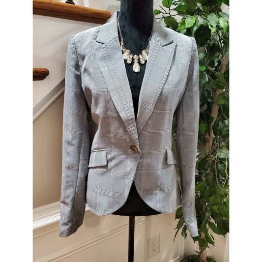 Sans Souci Women Gray Plaid Polyester LongSleeve Single Breasted Fitted Blazer L