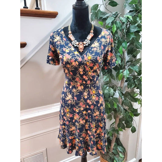 Loft Women Blue Floral Rayon V-Neck Short Sleeve Casual Knee Length Dress Size 0