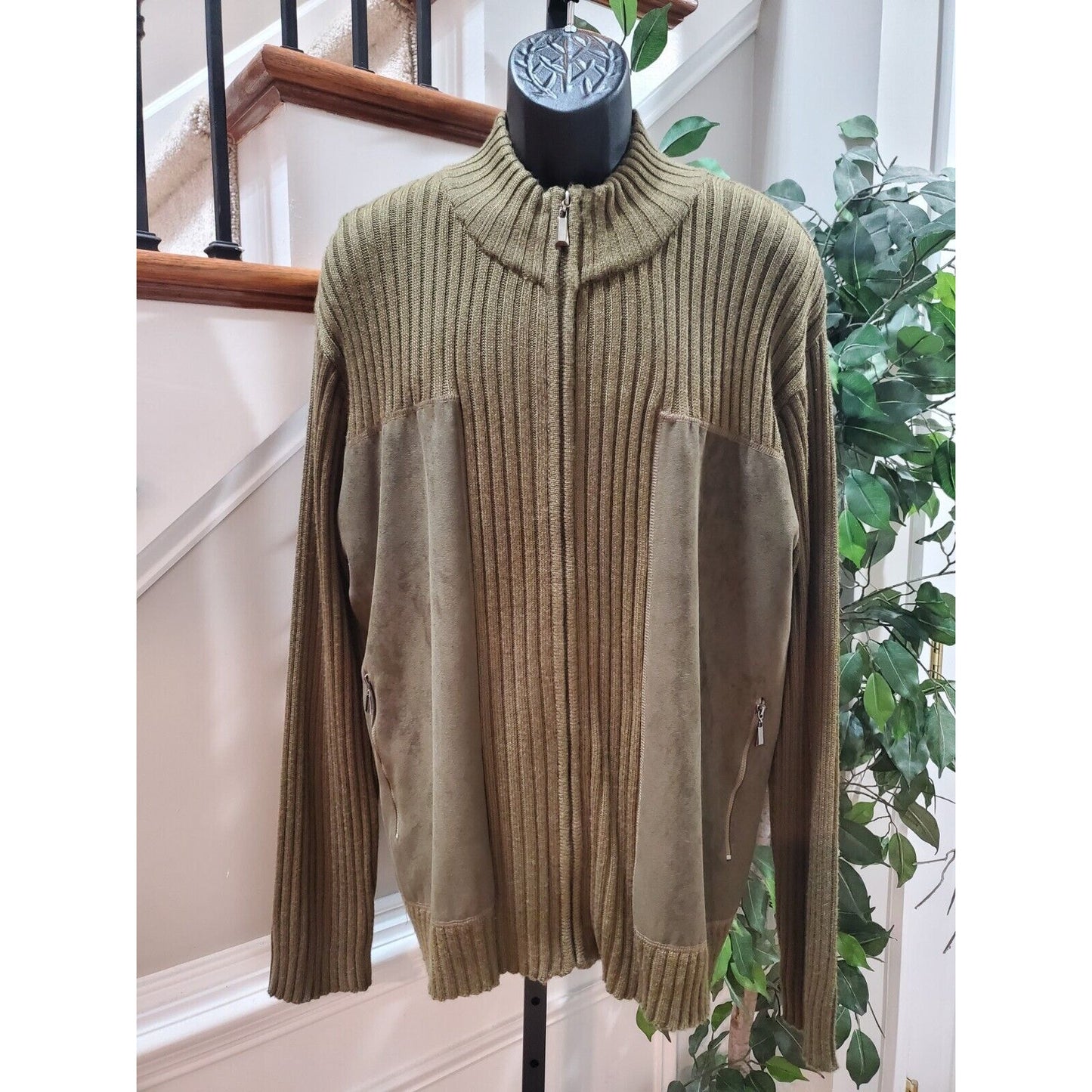 Men's Olive Green 100% Acrylic High Neck Long Sleeve Full Zip Knit Sweater