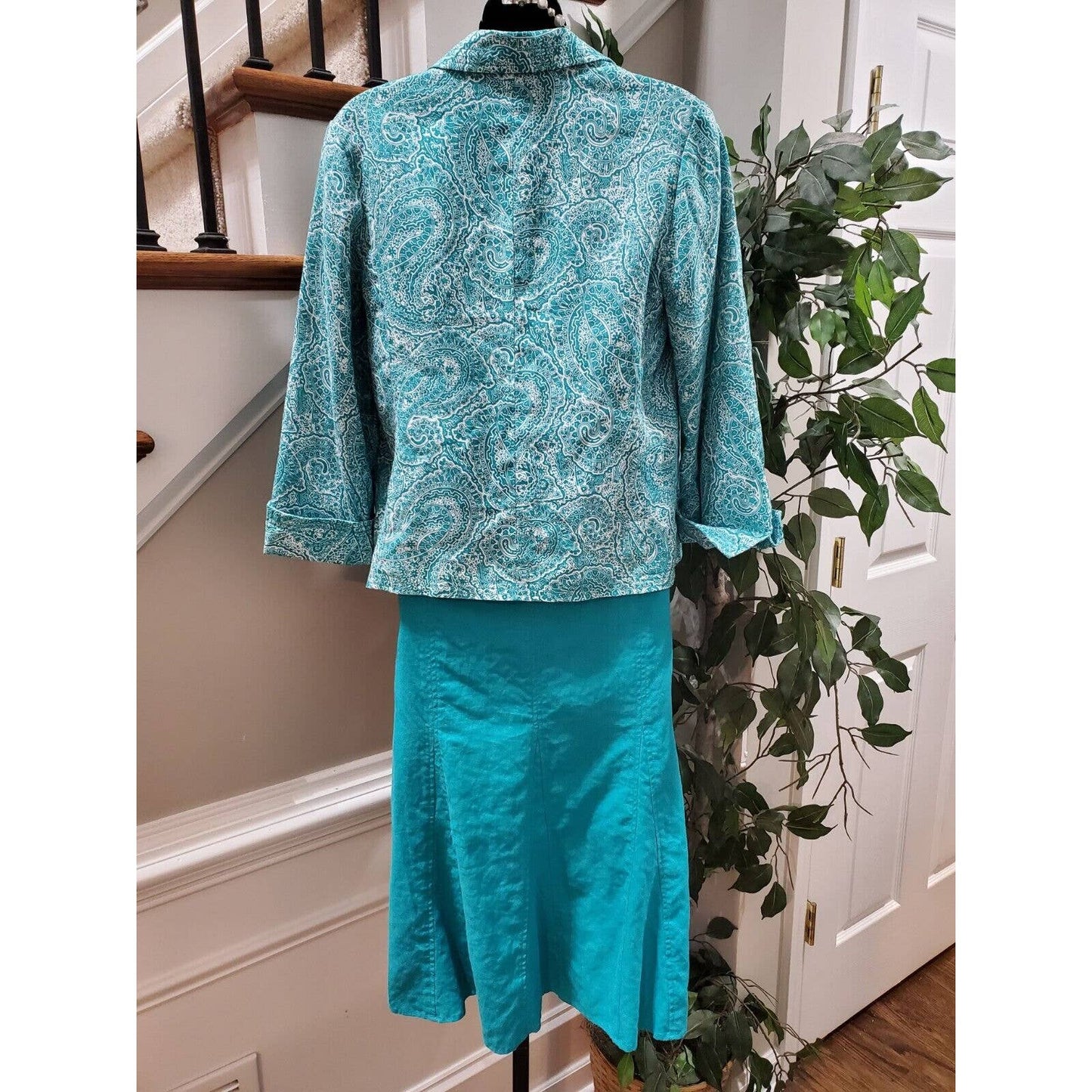 Kim Rogers Women's Blue Linen Single Breasted Jacket (M) & Long Skirt (10) Suit