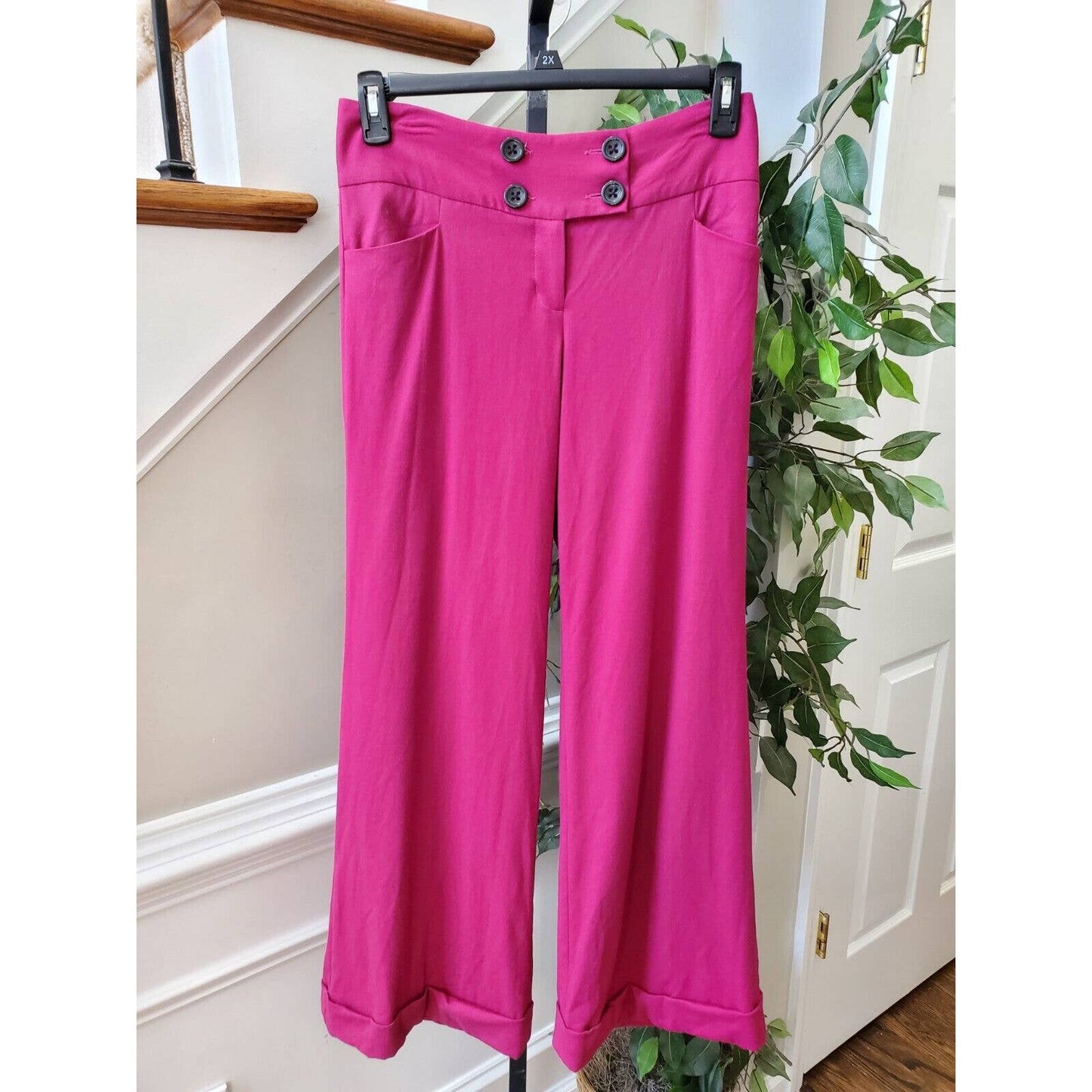 Women's Solid Pink Wool Blend Buttons Closure Wide Leg Cuffed Pants