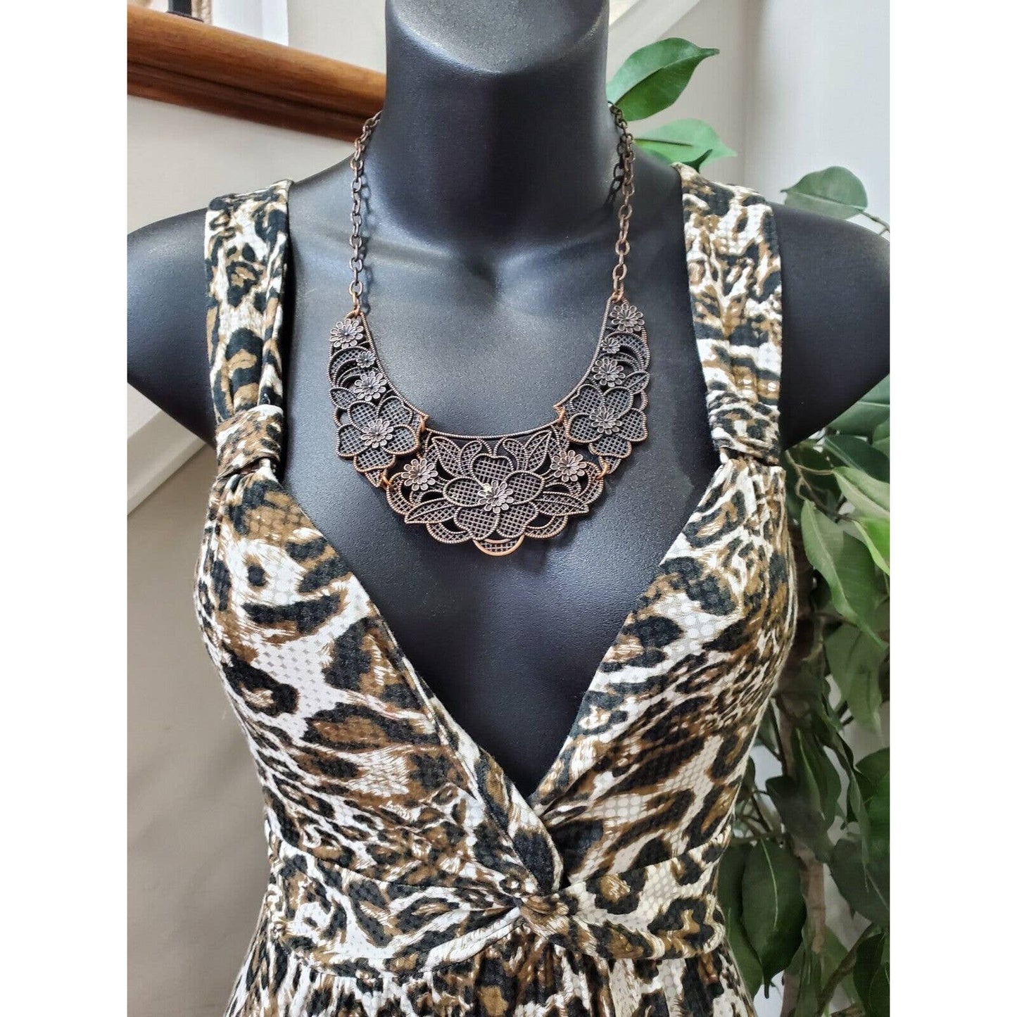 Spense Women Leopard Print Viscose Sweetheart Neck Sleeveless Long Maxi Dress S