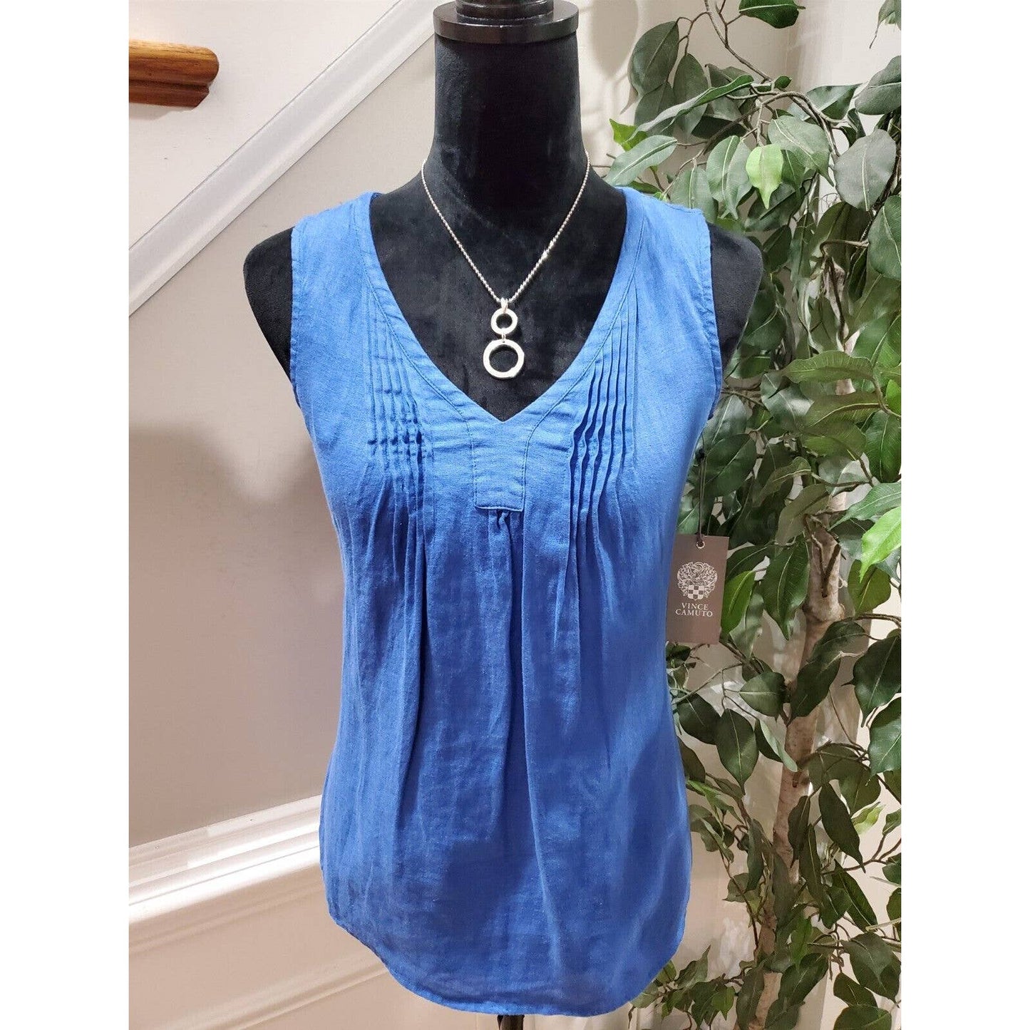 Vince Camuto Women's Blue 100% Linen V-Neck Sleeveless Casual Pullover Shirt 2XS