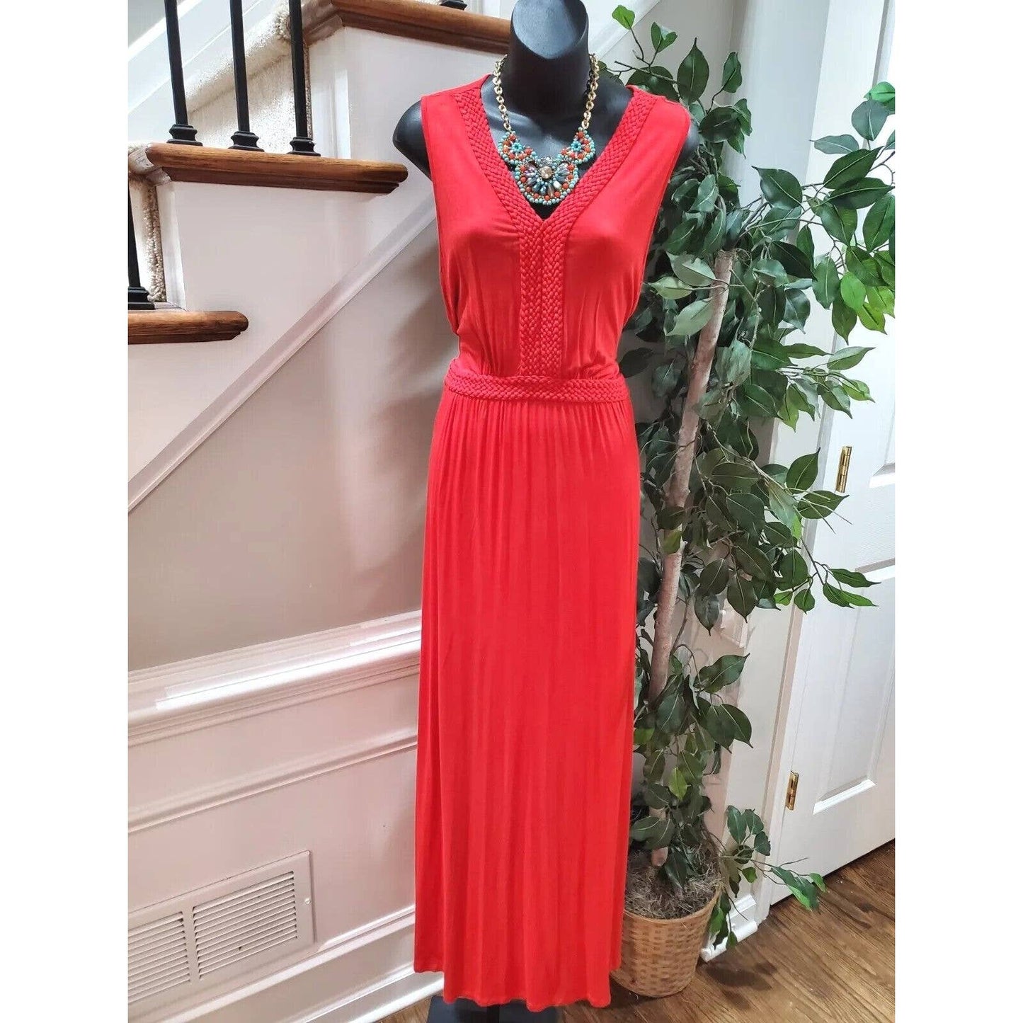 Spense Women's Solid Red Viscose V-Neck Sleeveless Long Maxi Dress Size X-Large