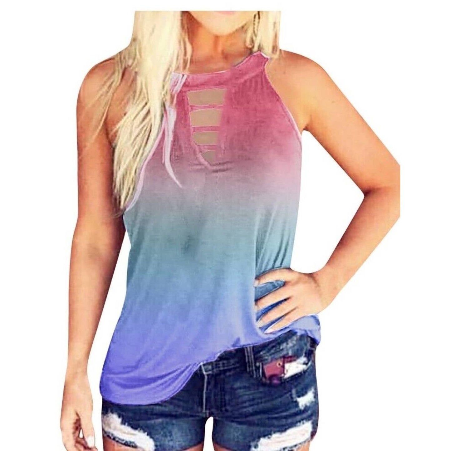 SHEIN Women's Tie Dye Polyester Round Neck Sleeveless Casual Top Shirt