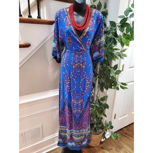 Flying Tomato Women's Blue Rayon V-Neck 3/4 Sleeve Long Maxi Dress Size Small